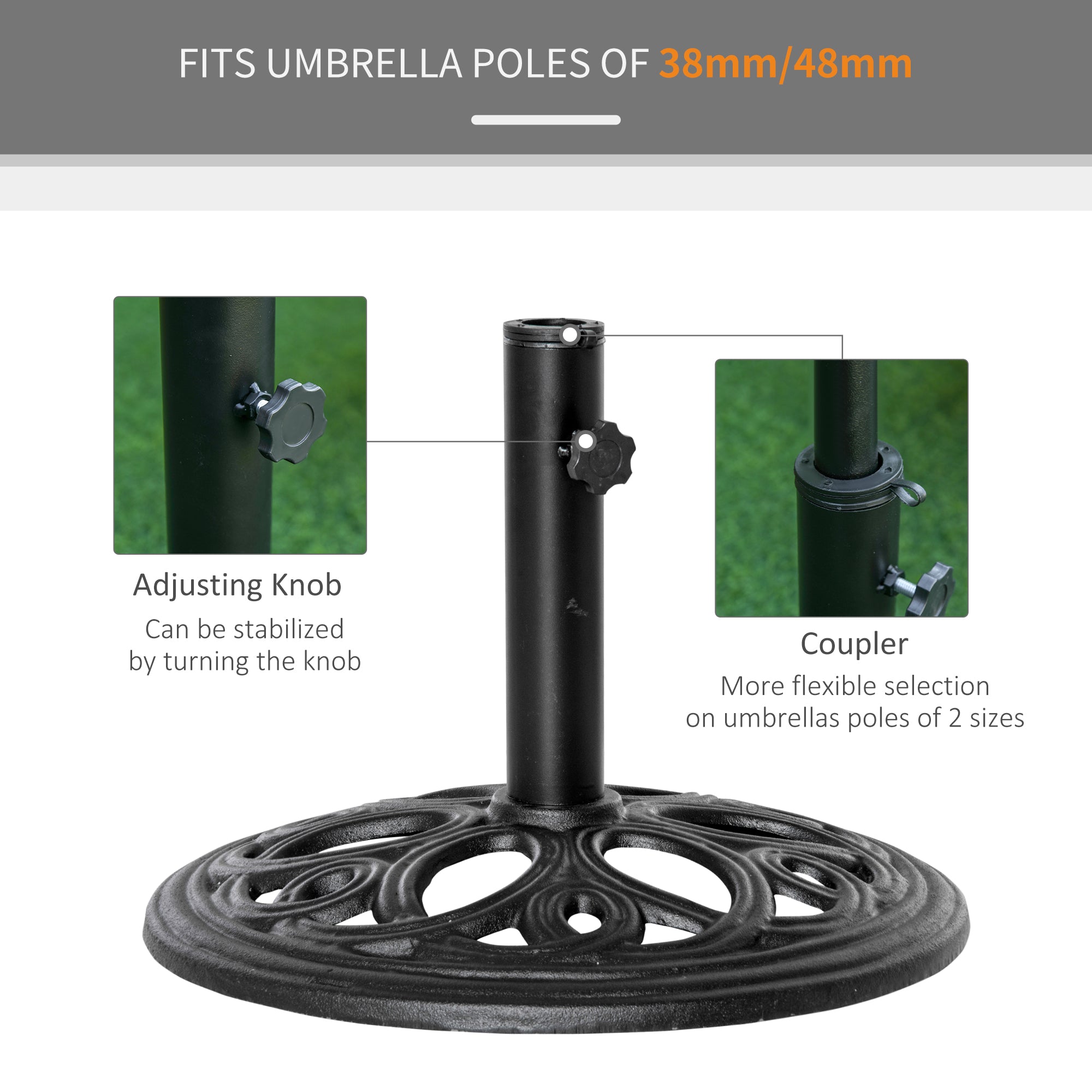 Outsunny Patio Umbrella Base Stand, Round Cast Iron Umbrella Holder for Outdoor, Patio, Garden,Deck and Beach, Fit Dia. 1.5", 2" Pole, Black