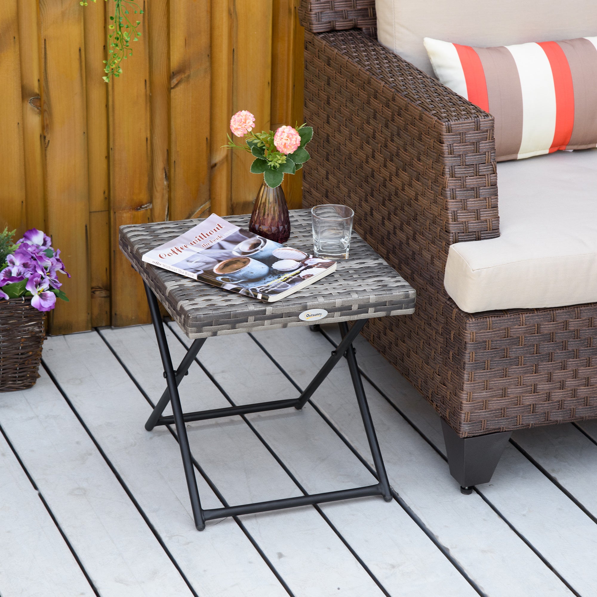 Outsunny Rattan Coffee Table Folding Patio Outdoor Side Table Wicker for Balcony, Porch, Poolside, 15.75"x15.75"x15.75", Grey
