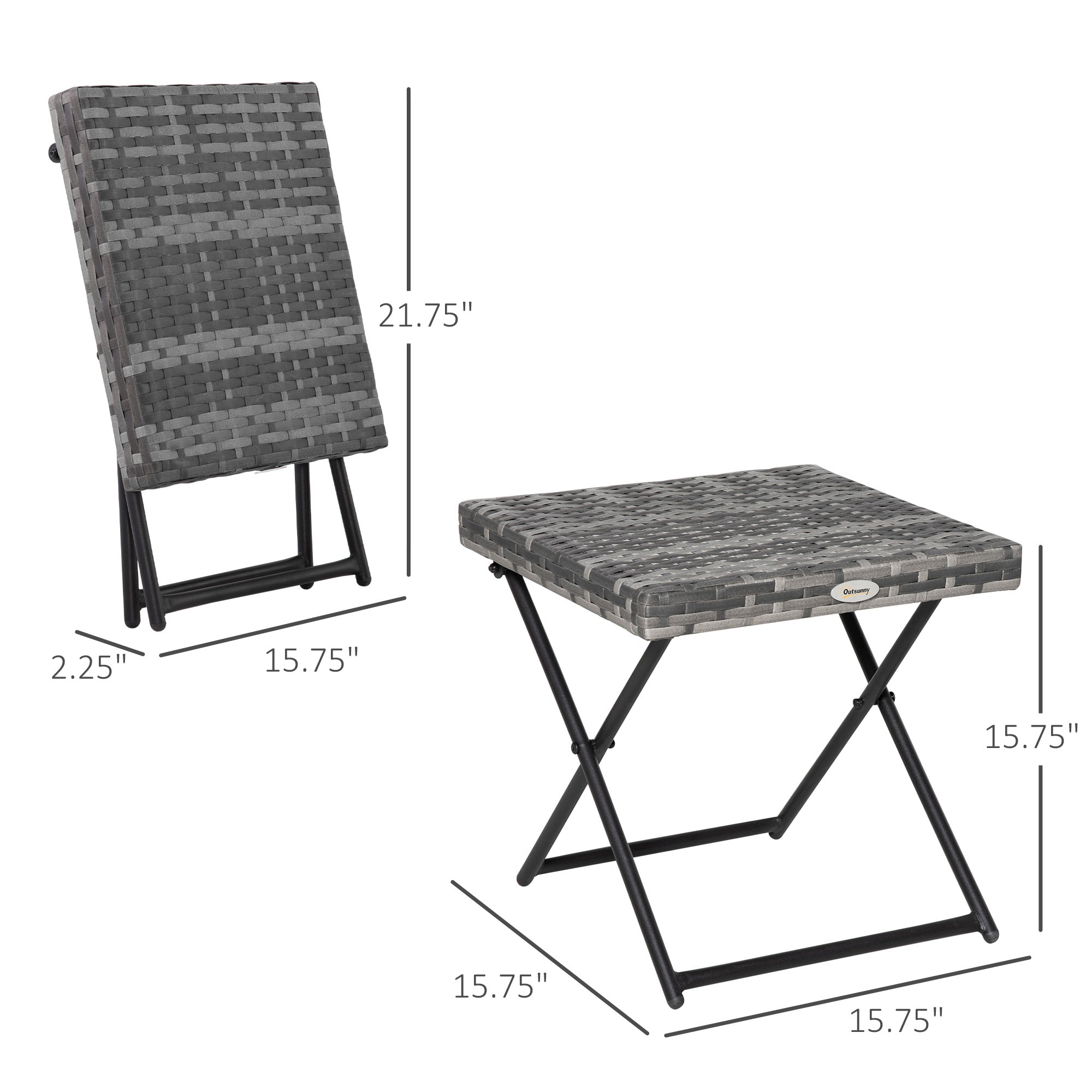 Outsunny Rattan Coffee Table Folding Patio Outdoor Side Table Wicker for Balcony, Porch, Poolside, 15.75"x15.75"x15.75", Grey