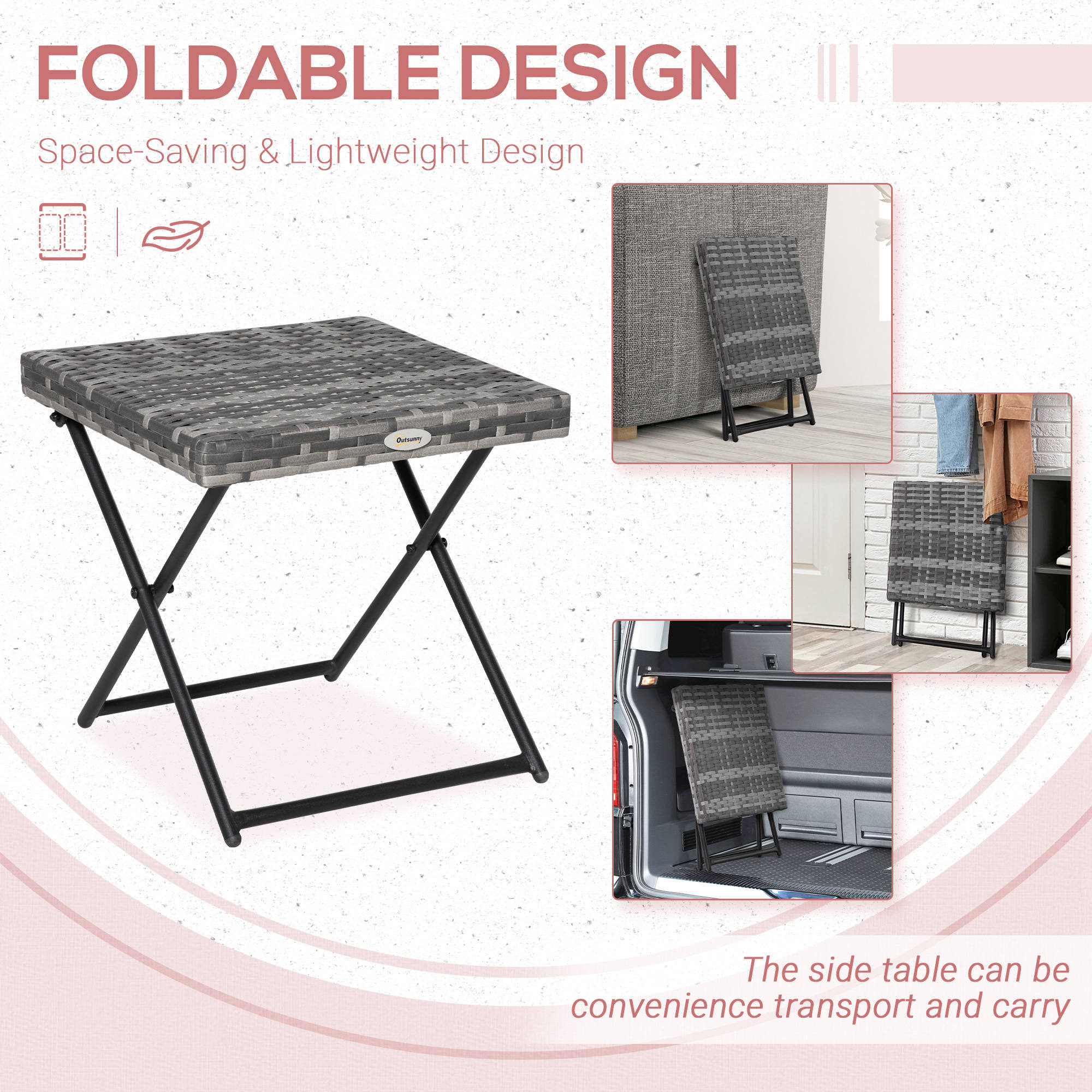 Outsunny Rattan Coffee Table Folding Patio Outdoor Side Table Wicker for Balcony, Porch, Poolside, 15.75