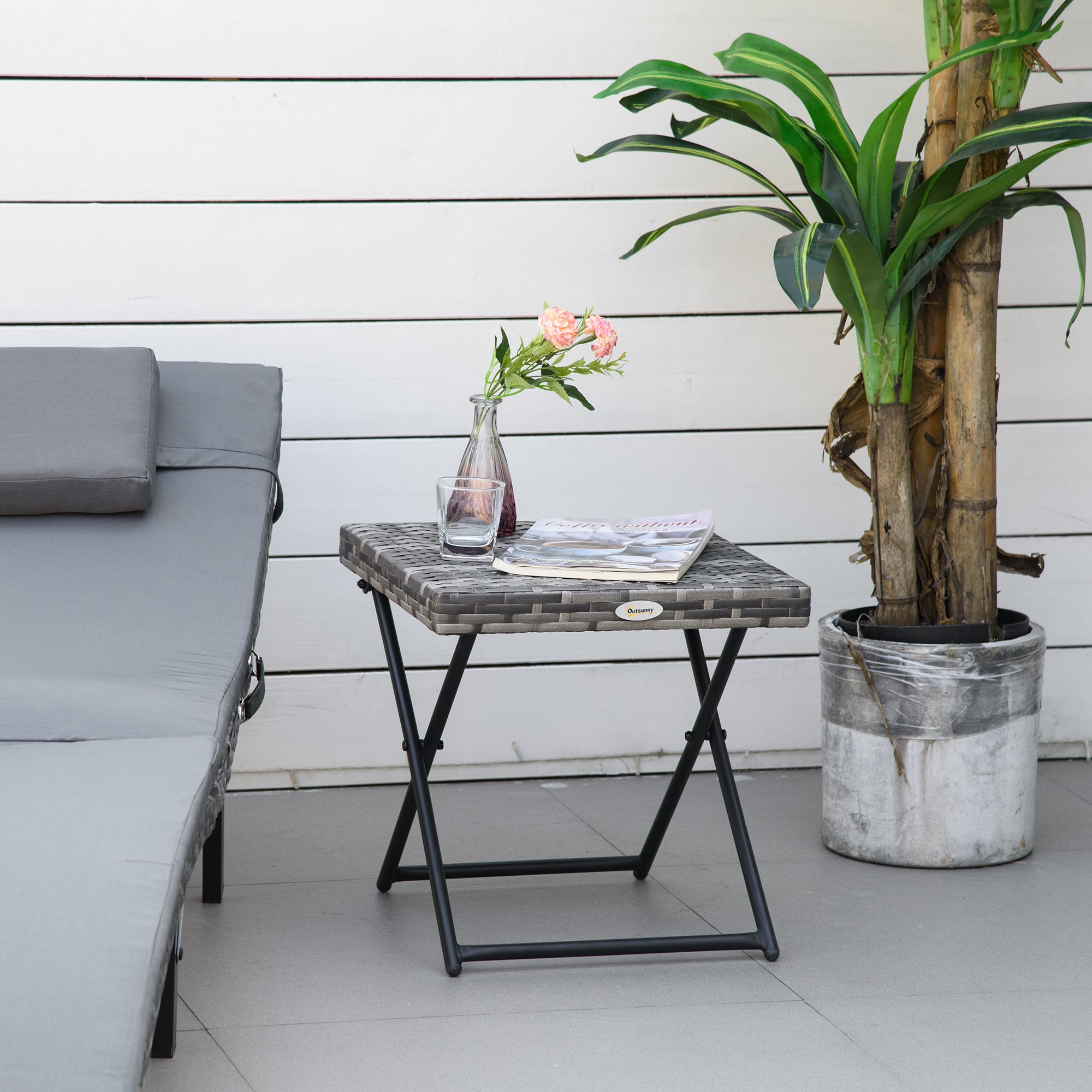 Outsunny Rattan Coffee Table Folding Patio Outdoor Side Table Wicker for Balcony, Porch, Poolside, 15.75