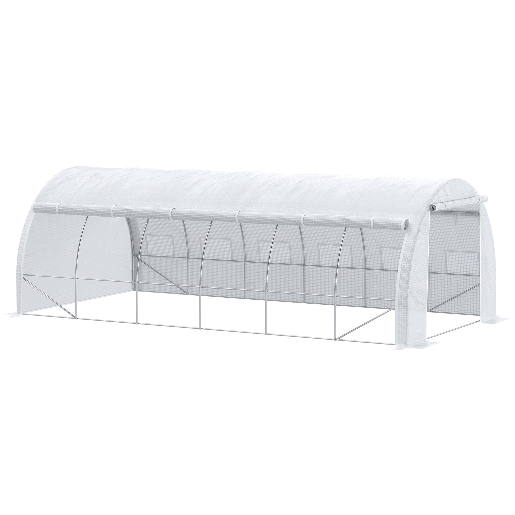 Outsunny Large Walk-in Greenhouse, 20'x10'x6' Tunnel Greenhouse with Zippered Door and 12 Roll-up Windows, Outdoor Green House for Garden Plant, White