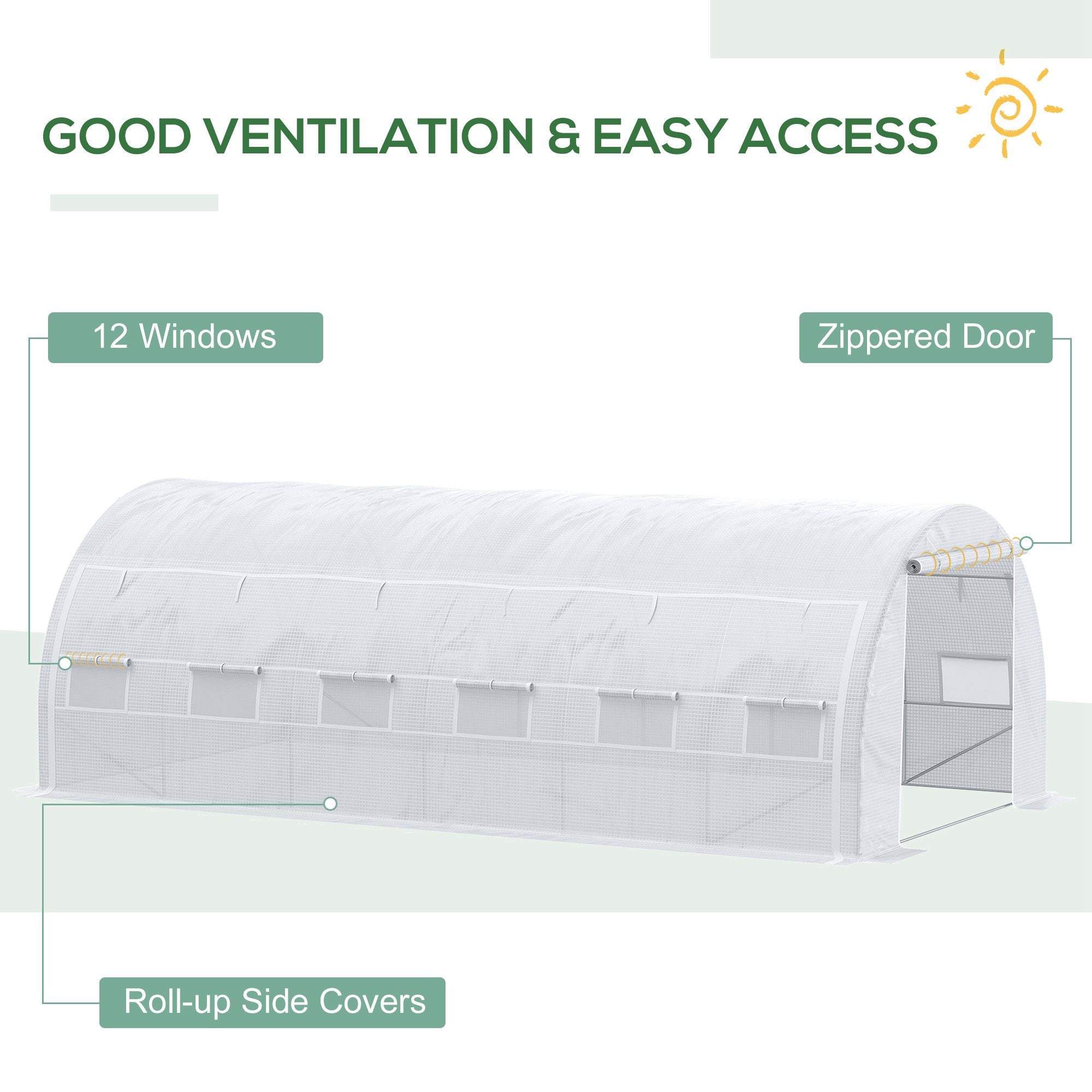 Outsunny Large Walk-in Greenhouse, 20'x10'x6' Tunnel Greenhouse with Zippered Door and 12 Roll-up Windows, Outdoor Green House for Garden Plant, White