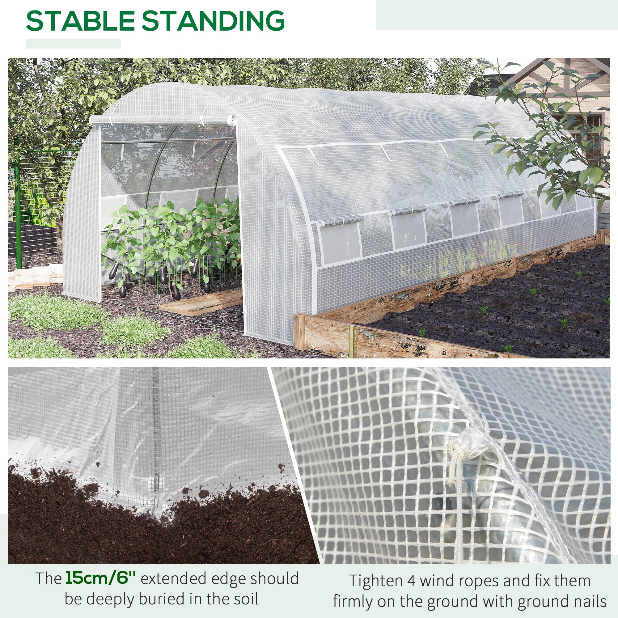 Outsunny Large Walk-in Greenhouse, 20'x10'x6' Tunnel Greenhouse with Zippered Door and 12 Roll-up Windows, Outdoor Green House for Garden Plant, White