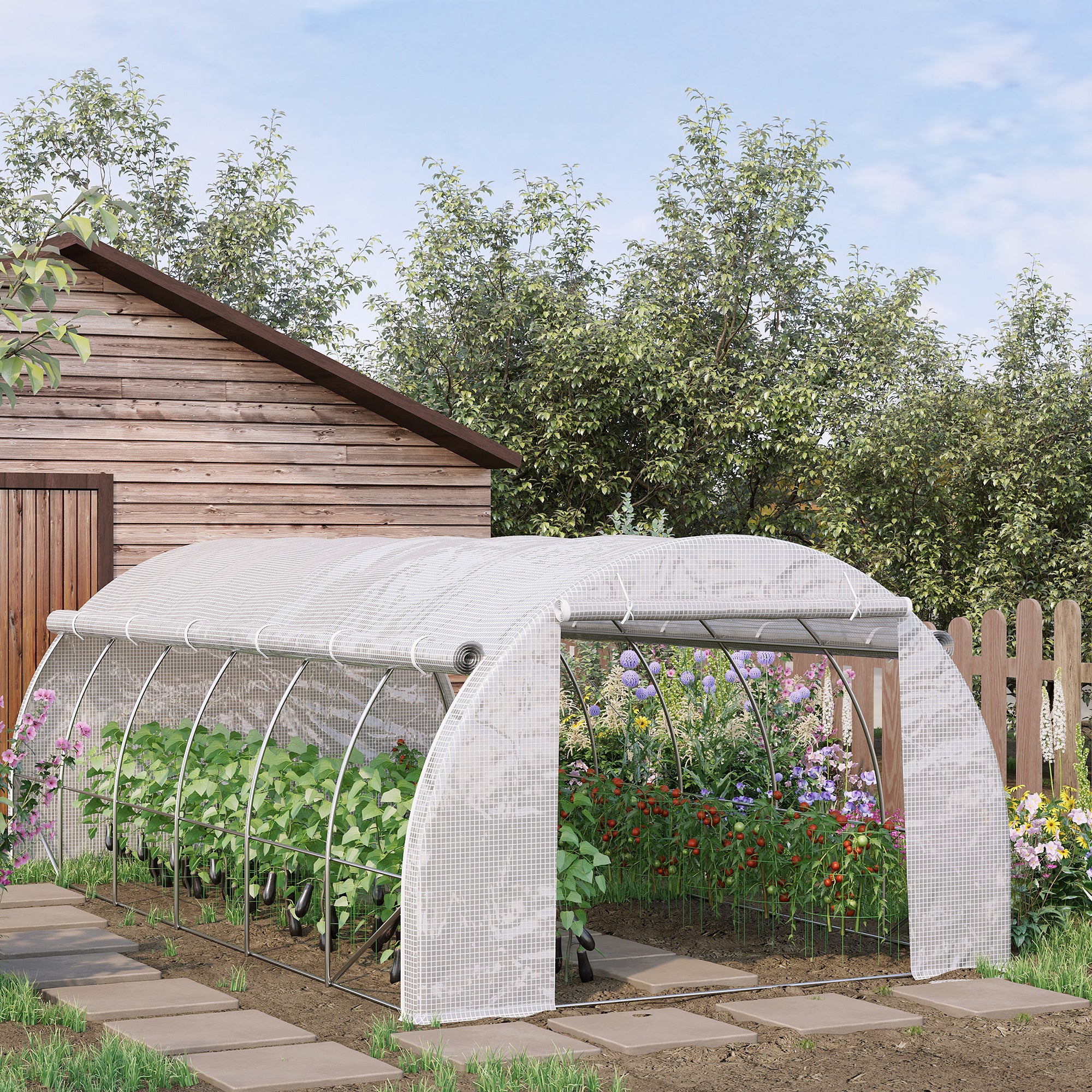 Outsunny Large Walk-in Greenhouse, 20'x10'x6' Tunnel Greenhouse with Zippered Door and 12 Roll-up Windows, Outdoor Green House for Garden Plant, White