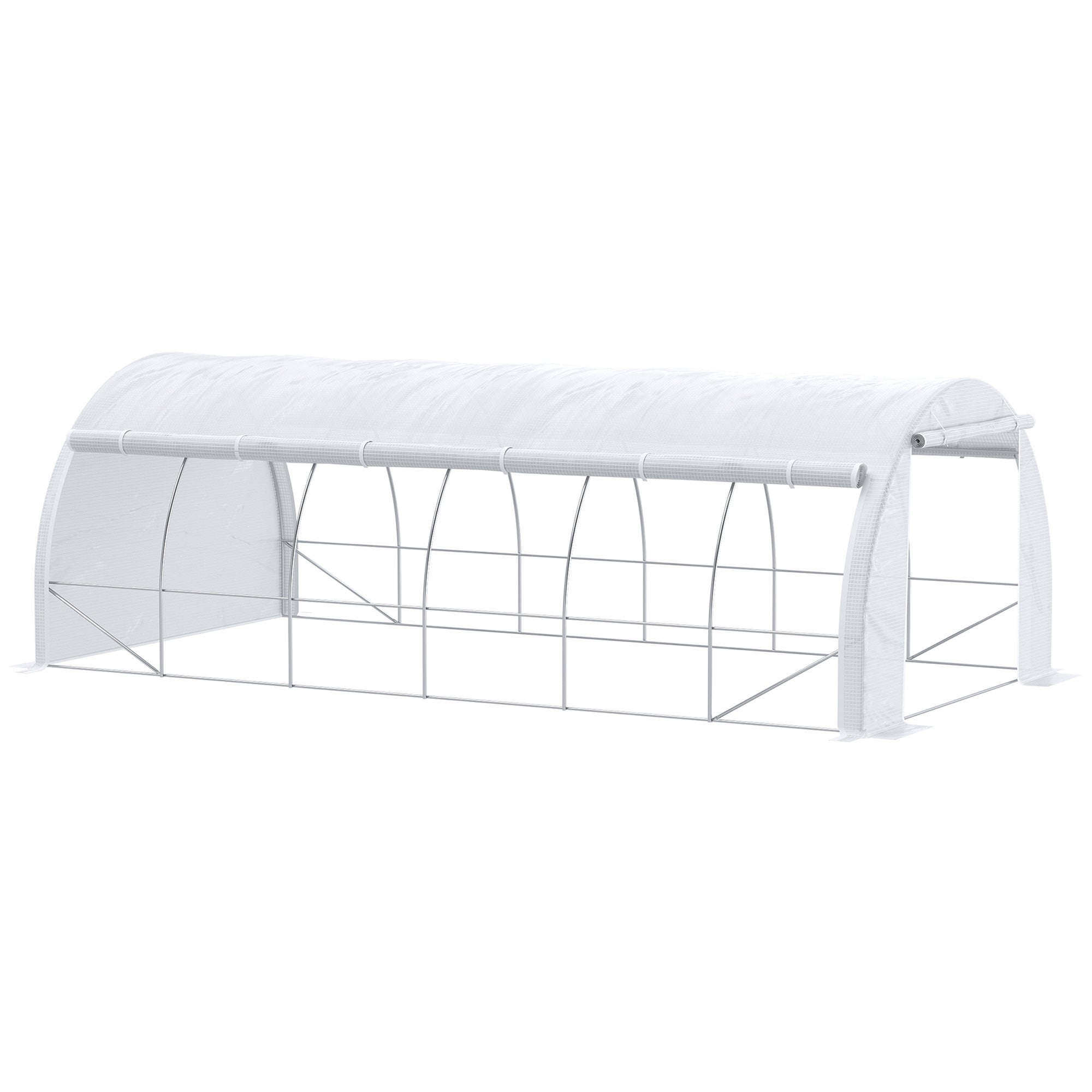 Outsunny Large Walk-in Greenhouse, 20'x10'x6' Tunnel Greenhouse with Zippered Door and 12 Roll-up Windows, Outdoor Green House for Garden Plant, White