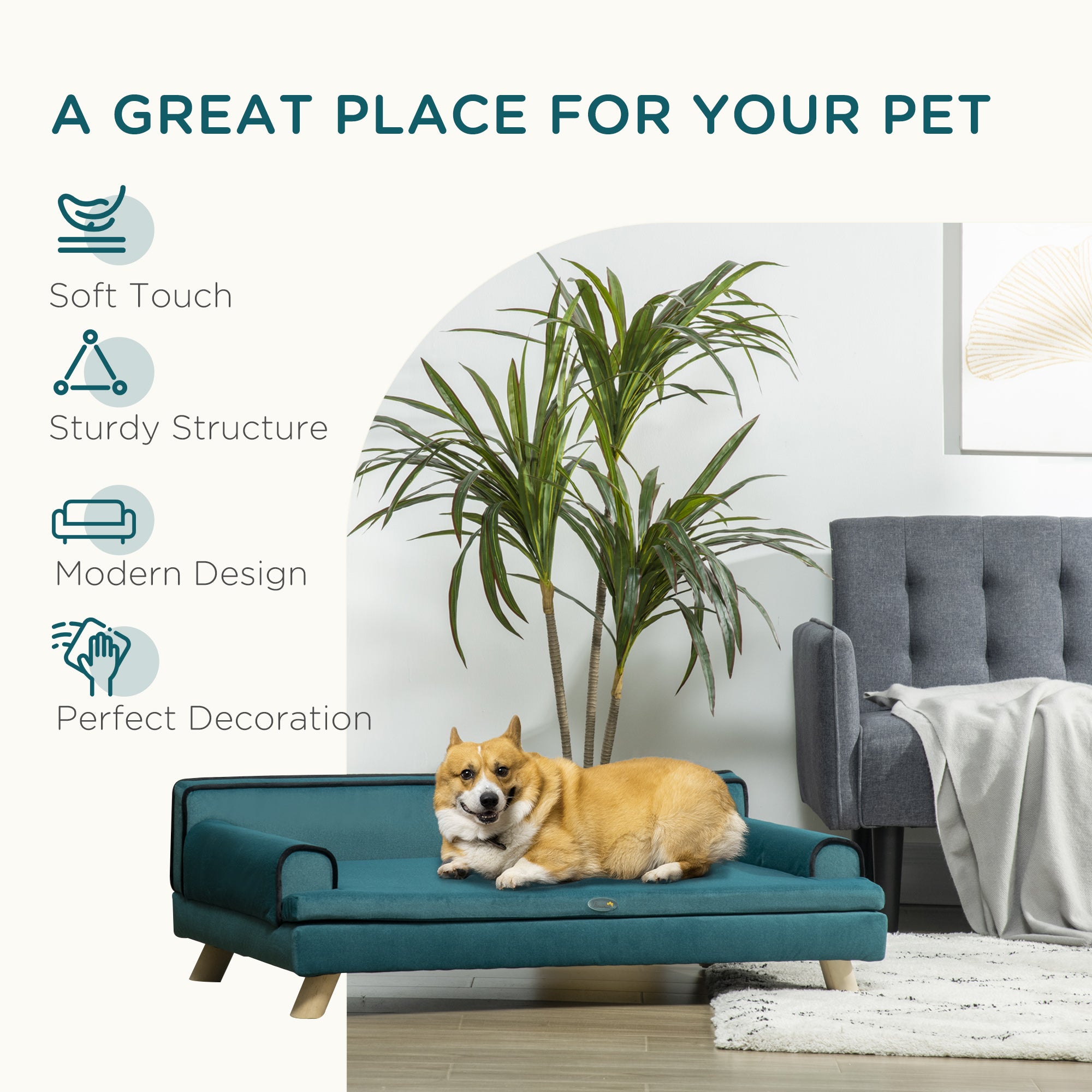 PawHut Dog Sofa, Large Dog Couch with Washable Cover, Wooden Legs, Foam Pet Sofa, Elevated Fancy Dog Bed for Medium & Large Dogs, Teal