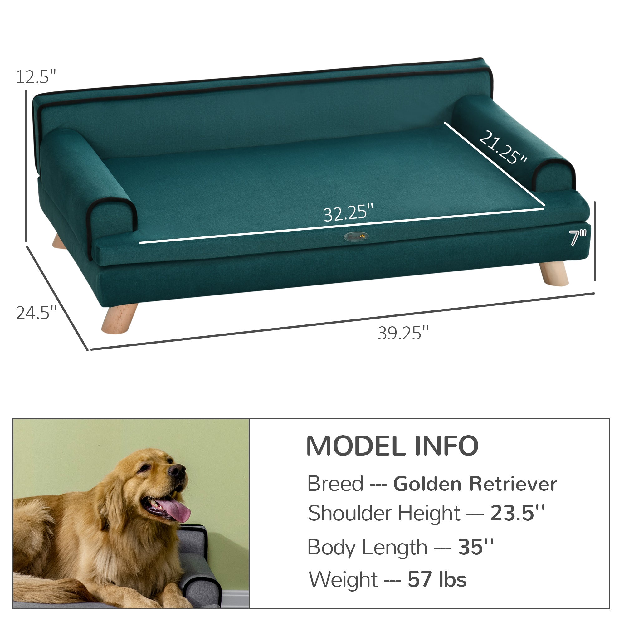 PawHut Dog Sofa, Large Dog Couch with Washable Cover, Wooden Legs, Foam Pet Sofa, Elevated Fancy Dog Bed for Medium & Large Dogs, Teal