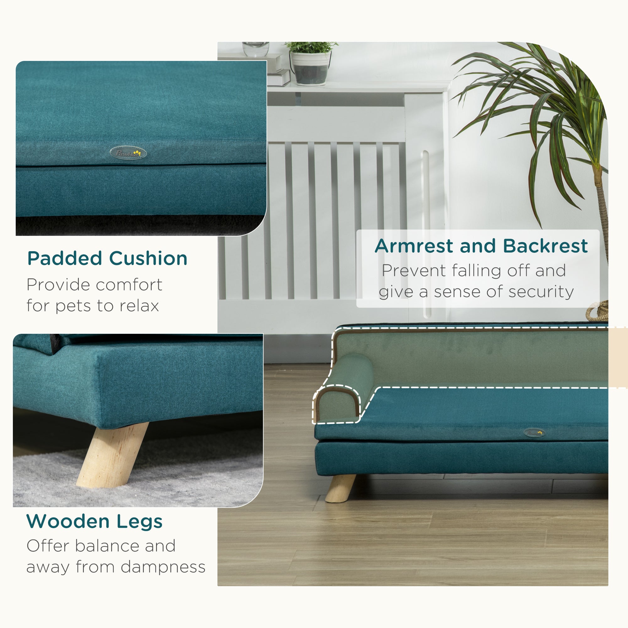 PawHut Dog Sofa, Large Dog Couch with Washable Cover, Wooden Legs, Foam Pet Sofa, Elevated Fancy Dog Bed for Medium & Large Dogs, Teal