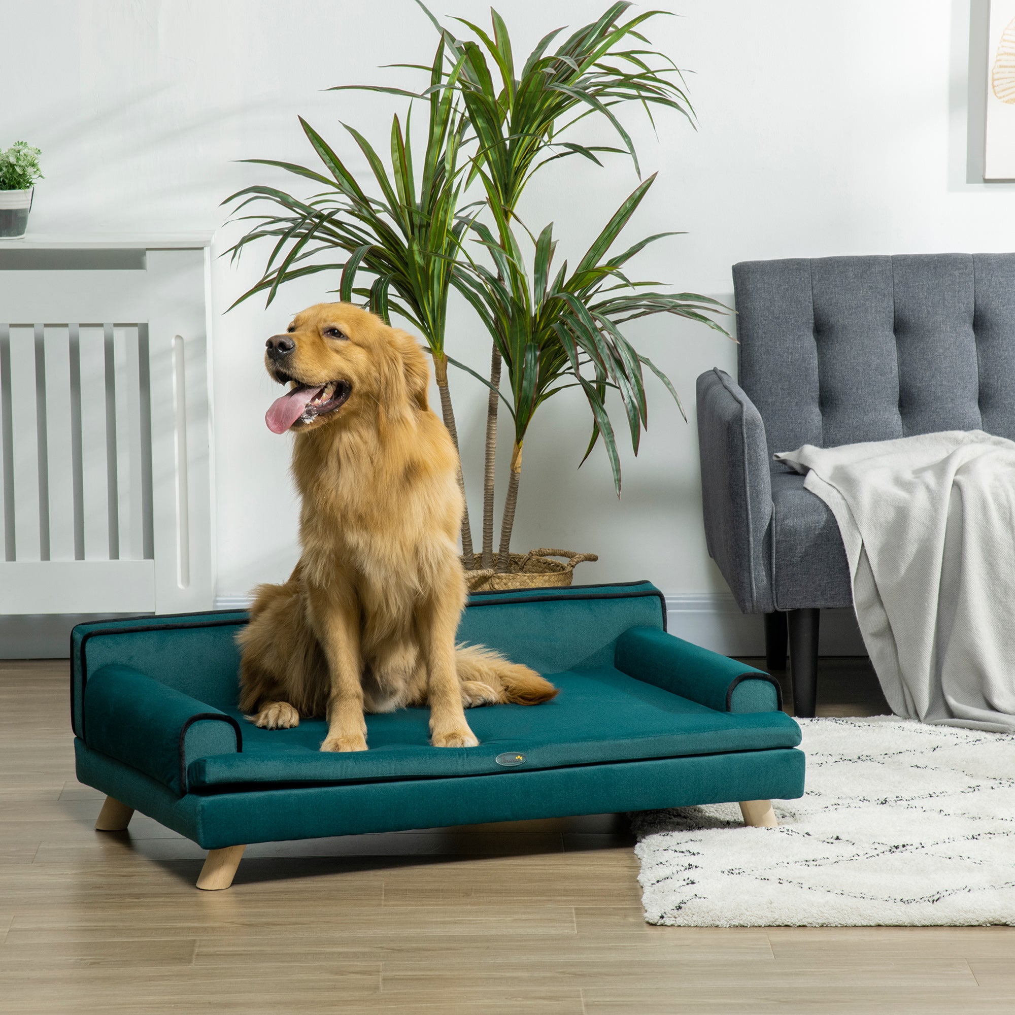PawHut Dog Sofa, Large Dog Couch with Washable Cover, Wooden Legs, Foam Pet Sofa, Elevated Fancy Dog Bed for Medium & Large Dogs, Teal