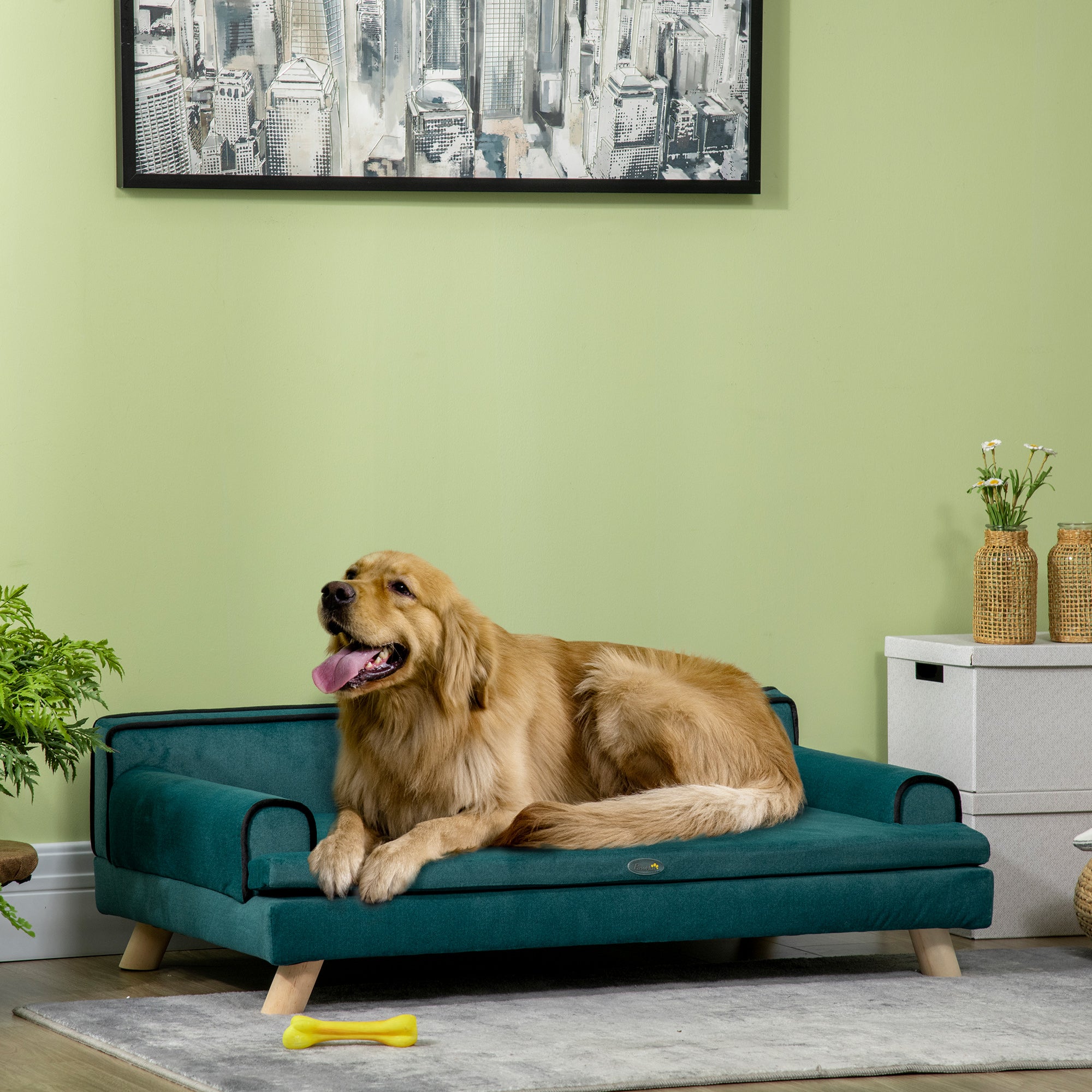 PawHut Dog Sofa, Large Dog Couch with Washable Cover, Wooden Legs, Foam Pet Sofa, Elevated Fancy Dog Bed for Medium & Large Dogs, Teal
