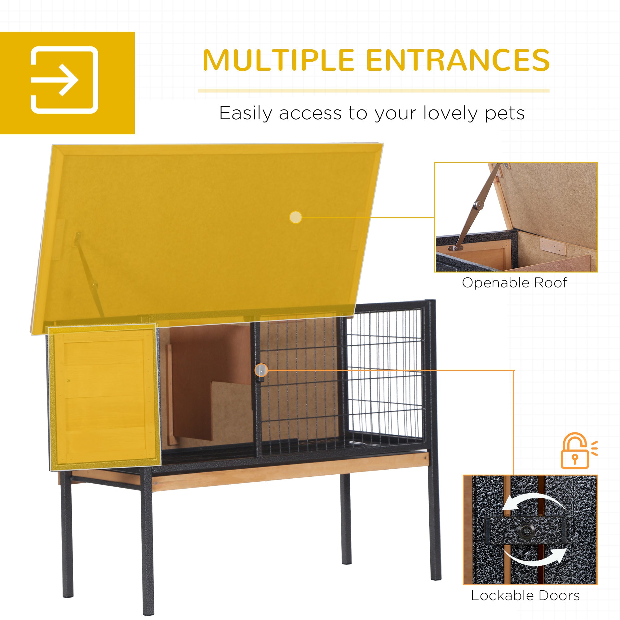 PawHut Wooden Rabbit Hutch Guinea Pig Hutch Bunny Cage Metal Frame Elevated Pet House with Slide-Out Tray Lockable Door Openable Roof Natural Wood 91.5 x 45 x 70cm