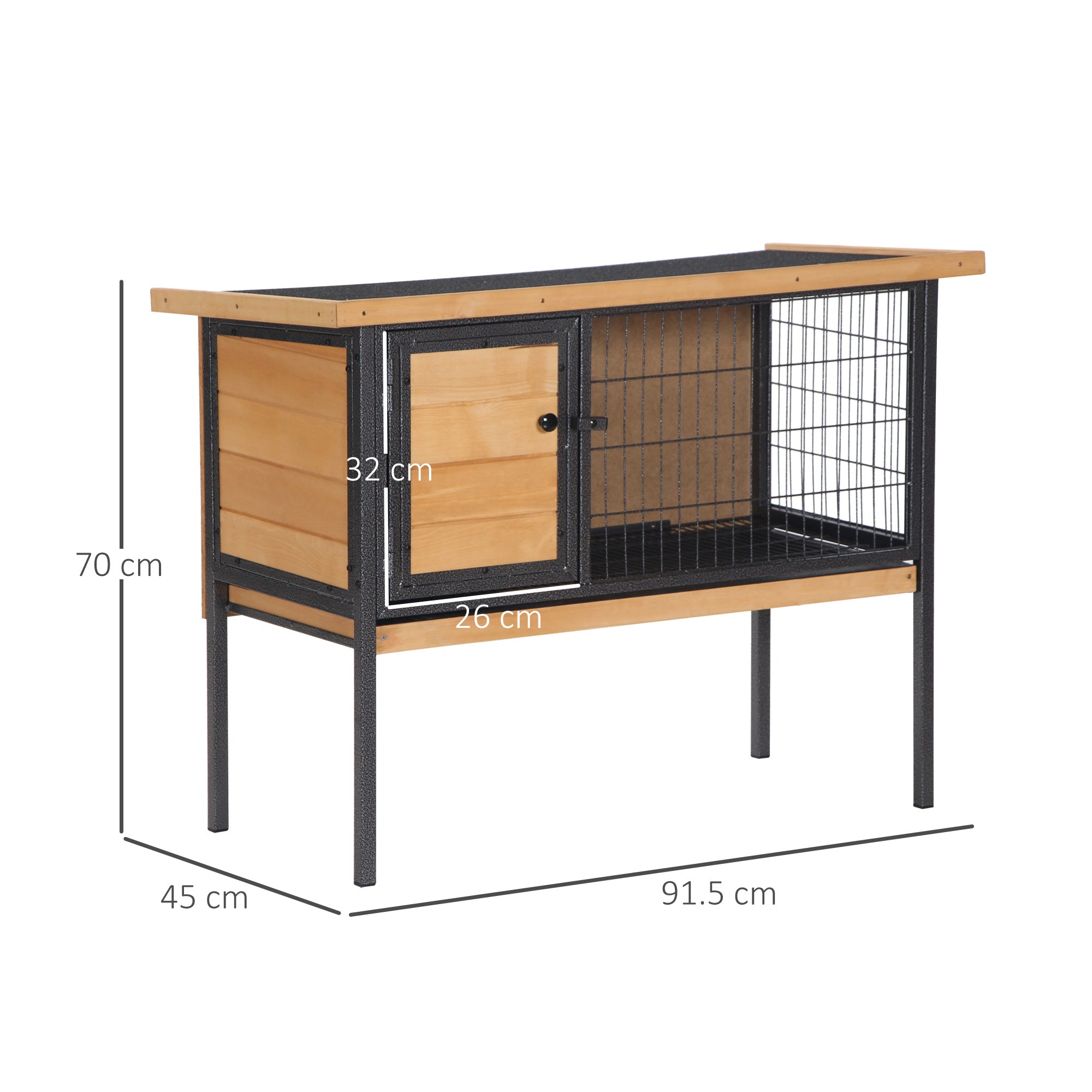 PawHut Wooden Rabbit Hutch Guinea Pig Hutch Bunny Cage Metal Frame Elevated Pet House with Slide-Out Tray Lockable Door Openable Roof Natural Wood 91.5 x 45 x 70cm
