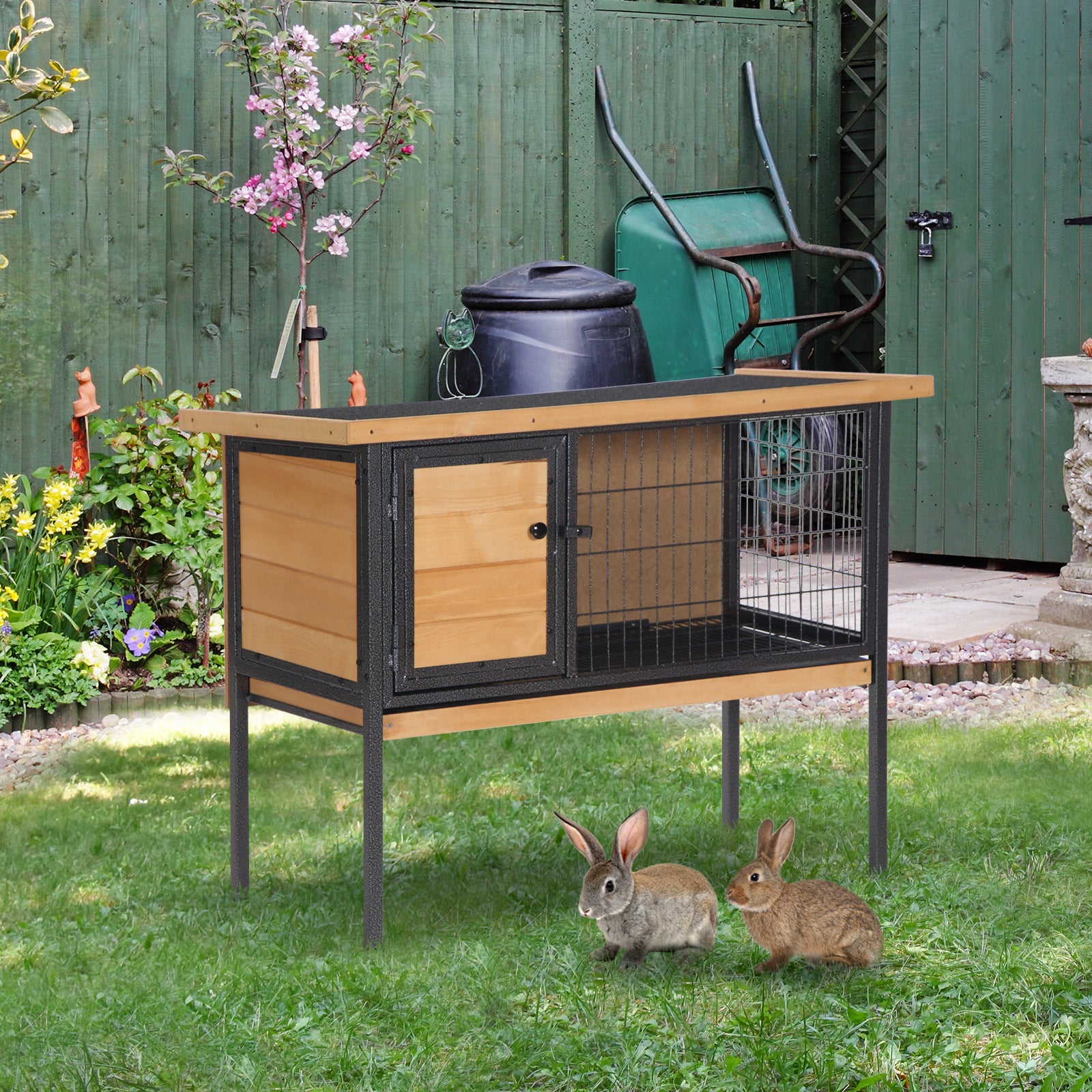 PawHut Wooden Rabbit Hutch Guinea Pig Hutch Bunny Cage Metal Frame Elevated Pet House with Slide-Out Tray Lockable Door Openable Roof Natural Wood 91.5 x 45 x 70cm