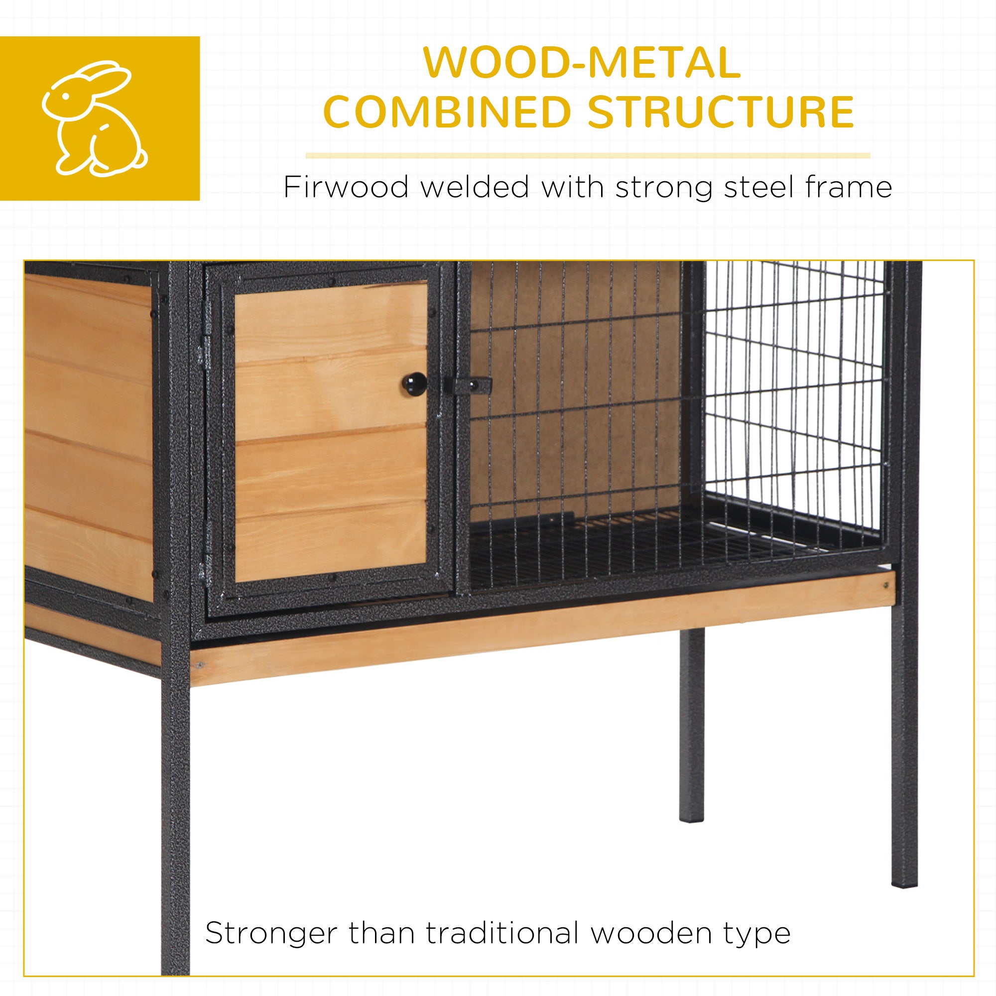 PawHut Wooden Rabbit Hutch Guinea Pig Hutch Bunny Cage Metal Frame Elevated Pet House with Slide-Out Tray Lockable Door Openable Roof Natural Wood 91.5 x 45 x 70cm
