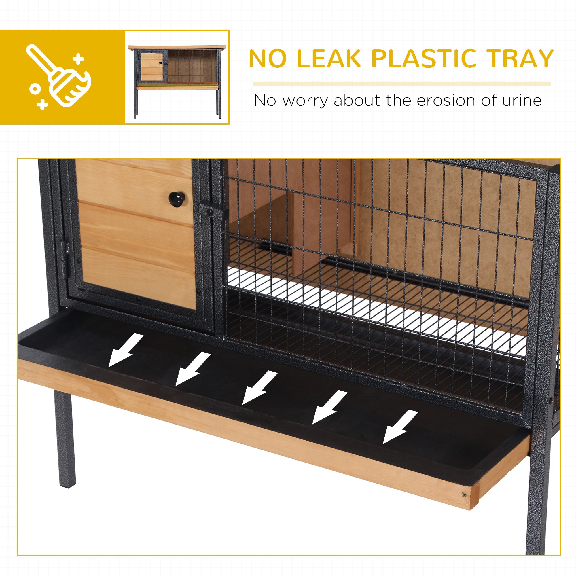 PawHut Wooden Rabbit Hutch Guinea Pig Hutch Bunny Cage Metal Frame Elevated Pet House with Slide-Out Tray Lockable Door Openable Roof Natural Wood 91.5 x 45 x 70cm