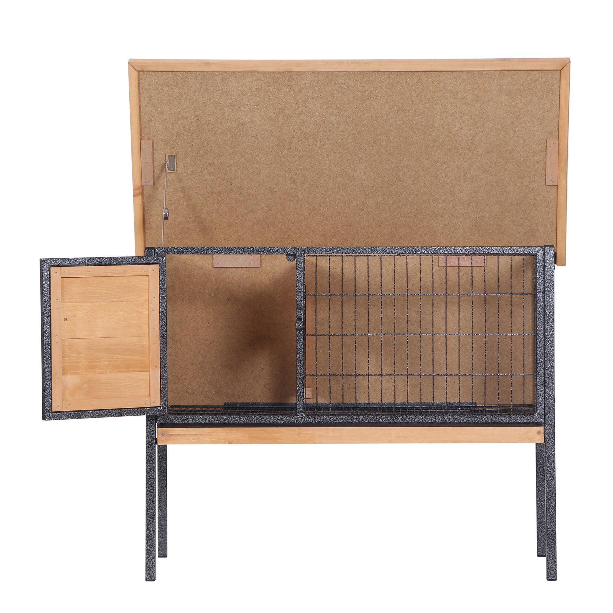 PawHut Wooden Rabbit Hutch Guinea Pig Hutch Bunny Cage Metal Frame Elevated Pet House with Slide-Out Tray Lockable Door Openable Roof Natural Wood 91.5 x 45 x 70cm