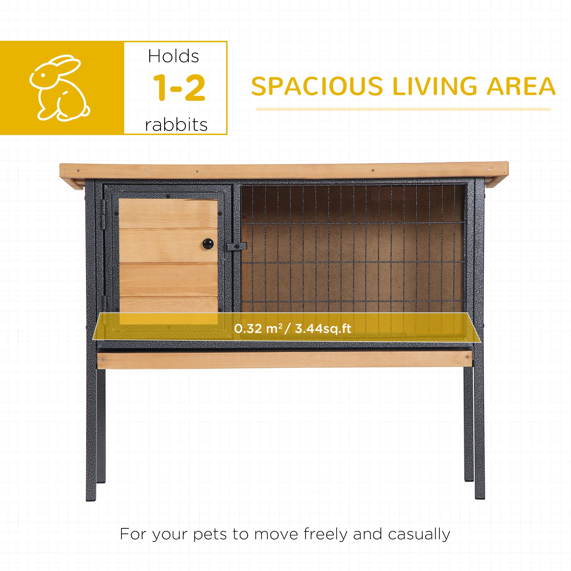 PawHut Wooden Rabbit Hutch Guinea Pig Hutch Bunny Cage Metal Frame Elevated Pet House with Slide-Out Tray Lockable Door Openable Roof Natural Wood 91.5 x 45 x 70cm