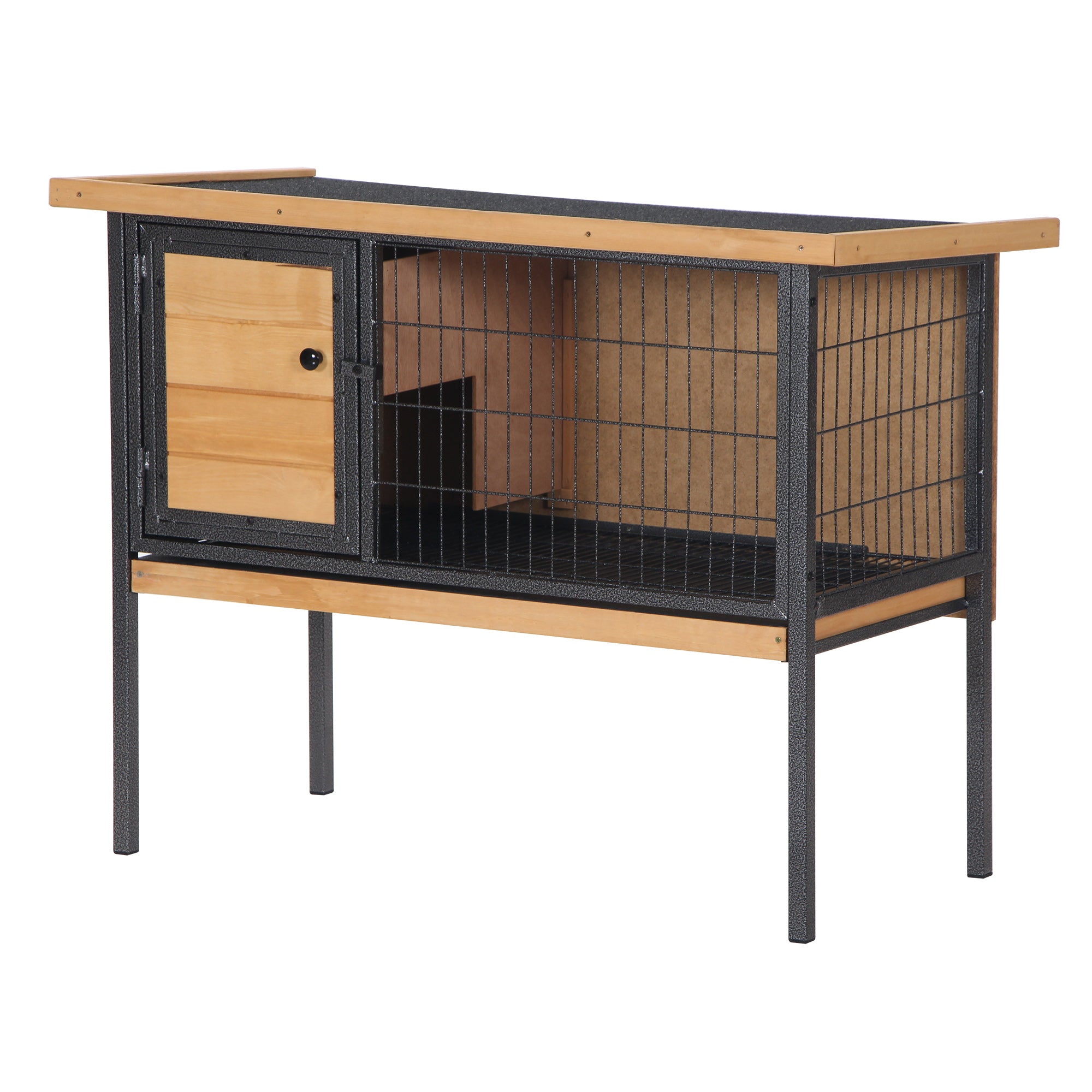 PawHut Wooden Rabbit Hutch Guinea Pig Hutch Bunny Cage Metal Frame Elevated Pet House with Slide-Out Tray Lockable Door Openable Roof Natural Wood 91.5 x 45 x 70cm