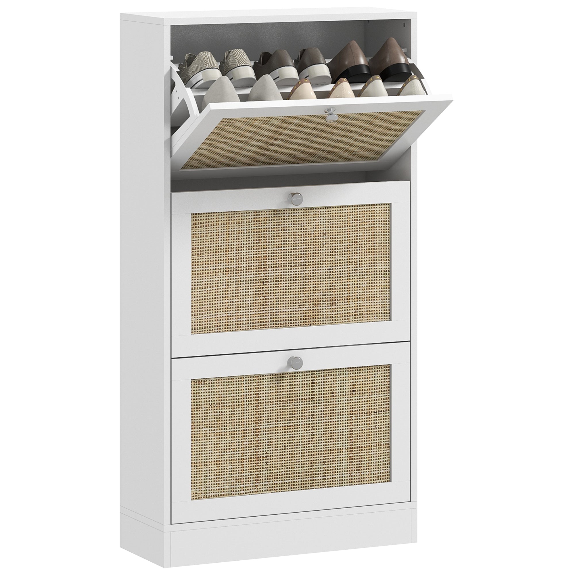 HOMCOM Boho Rattan Shoe Cabinet with 3 Flip Drawers and Adjustable Shelves, Narrow Shoe Storage Cabinet, Holds 18 Pairs for Entryway, Hallway, White
