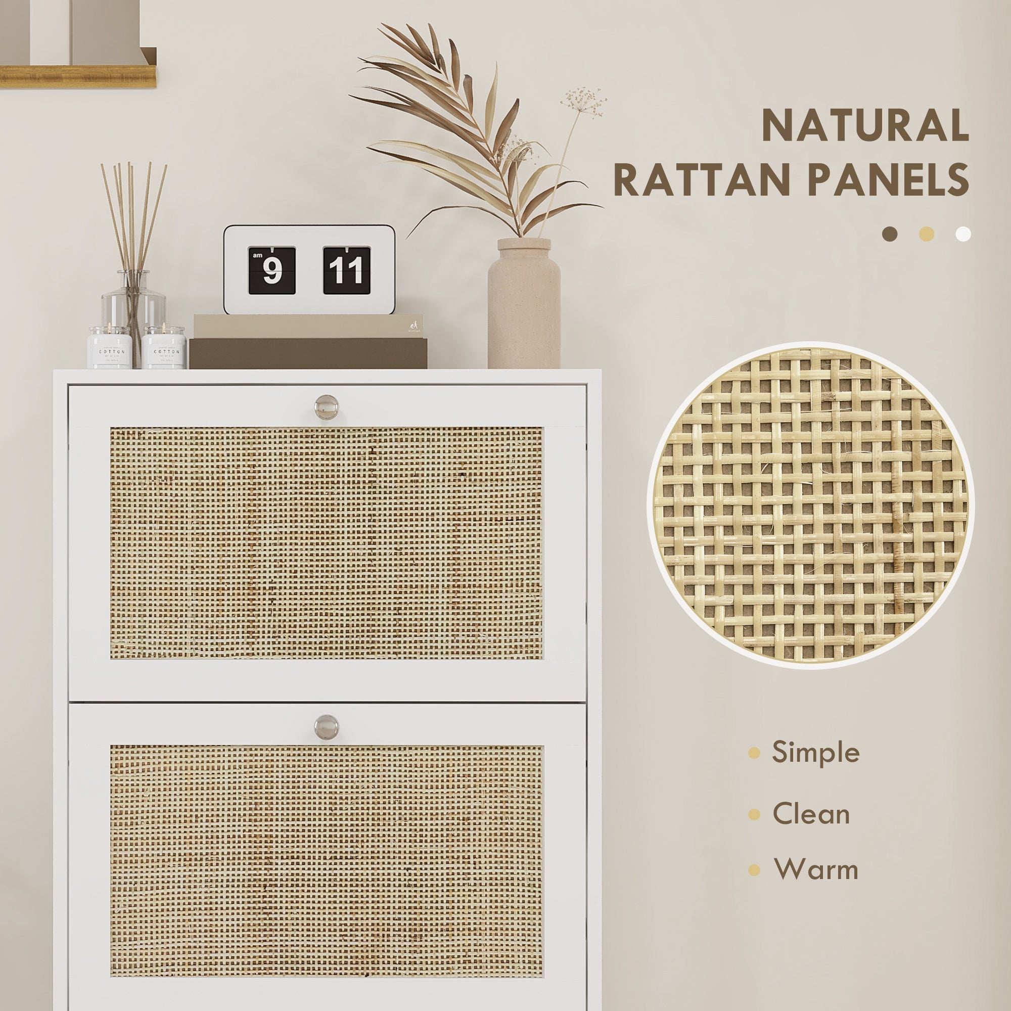 HOMCOM Boho Rattan Shoe Cabinet with 3 Flip Drawers and Adjustable Shelves, Narrow Shoe Storage Cabinet, Holds 18 Pairs for Entryway, Hallway, White