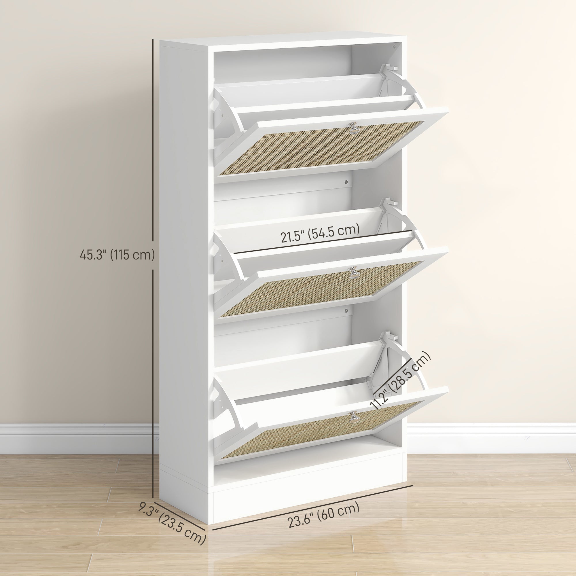 HOMCOM Boho Rattan Shoe Cabinet with 3 Flip Drawers and Adjustable Shelves, Narrow Shoe Storage Cabinet, Holds 18 Pairs for Entryway, Hallway, White