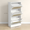 HOMCOM Boho Rattan Shoe Cabinet with 3 Flip Drawers and Adjustable Shelves, Narrow Shoe Storage Cabinet, Holds 18 Pairs for Entryway, Hallway, White