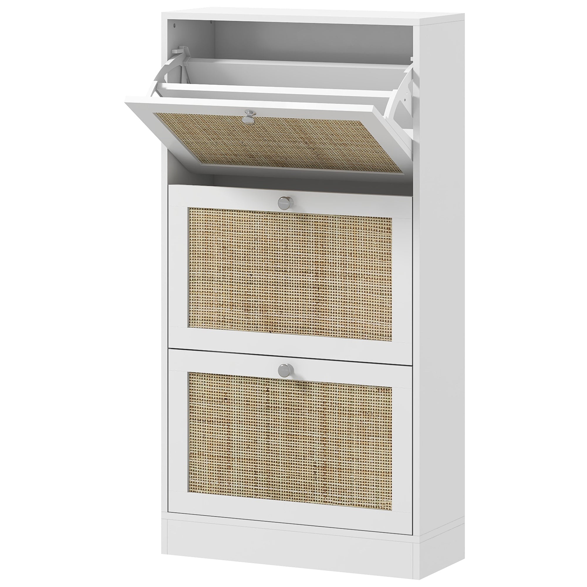 HOMCOM Boho Rattan Shoe Cabinet with 3 Flip Drawers and Adjustable Shelves, Narrow Shoe Storage Cabinet, Holds 18 Pairs for Entryway, Hallway, White
