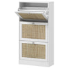 HOMCOM Boho Rattan Shoe Cabinet with 3 Flip Drawers and Adjustable Shelves, Narrow Shoe Storage Cabinet, Holds 18 Pairs for Entryway, Hallway, White