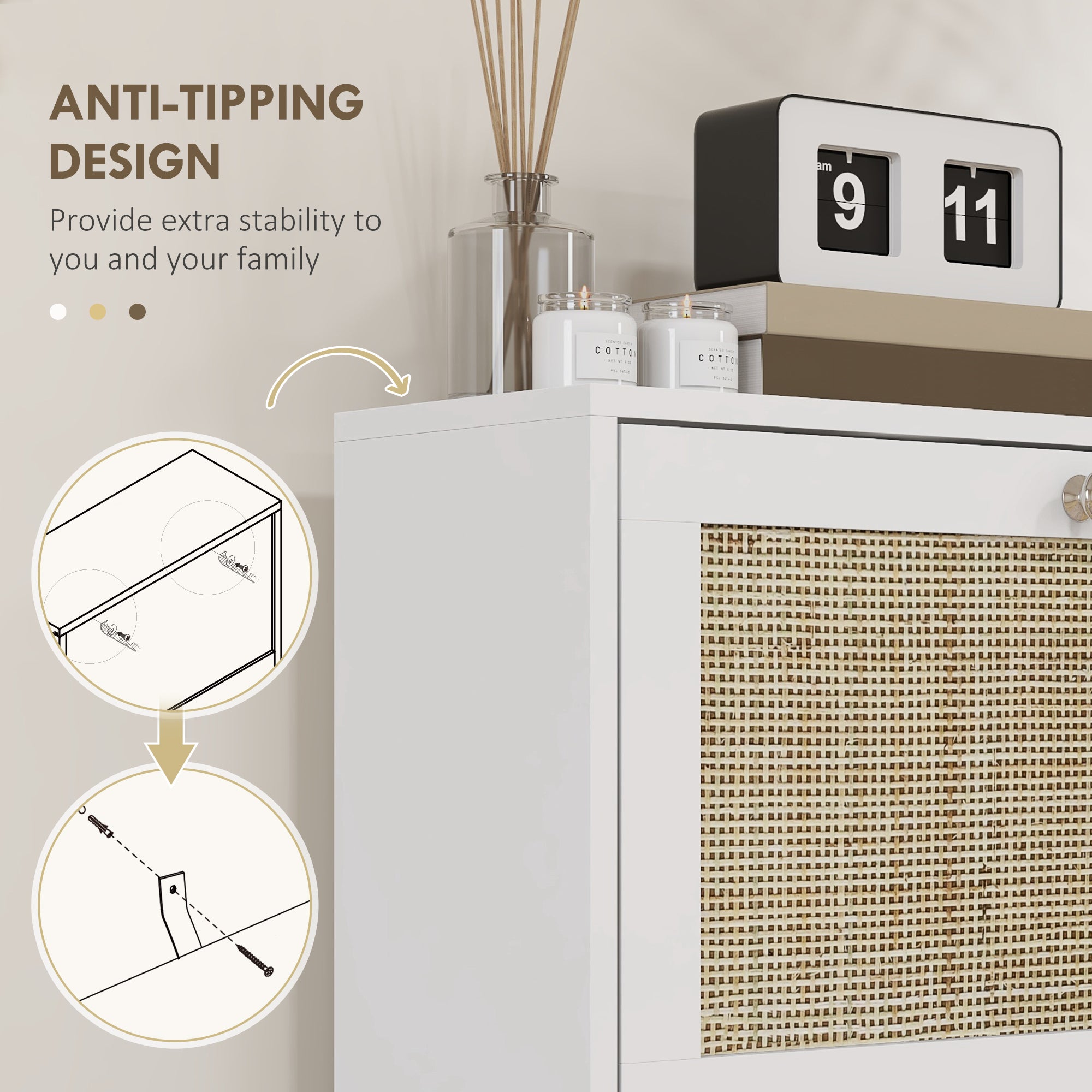 HOMCOM Boho Rattan Shoe Cabinet with 3 Flip Drawers and Adjustable Shelves, Narrow Shoe Storage Cabinet, Holds 18 Pairs for Entryway, Hallway, White