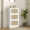 HOMCOM Boho Rattan Shoe Cabinet with 3 Flip Drawers and Adjustable Shelves, Narrow Shoe Storage Cabinet, Holds 18 Pairs for Entryway, Hallway, White