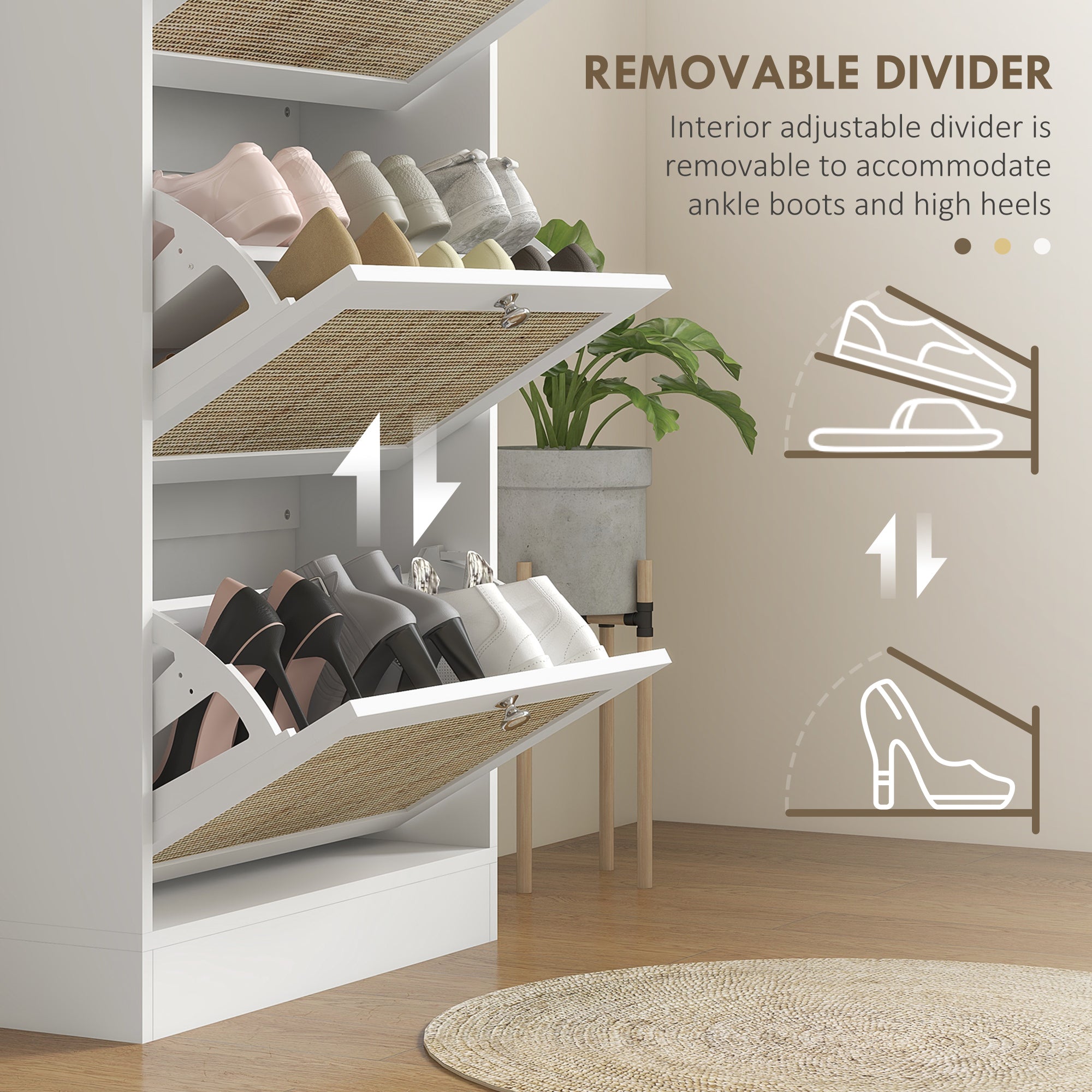 HOMCOM Boho Rattan Shoe Cabinet with 3 Flip Drawers and Adjustable Shelves, Narrow Shoe Storage Cabinet, Holds 18 Pairs for Entryway, Hallway, White