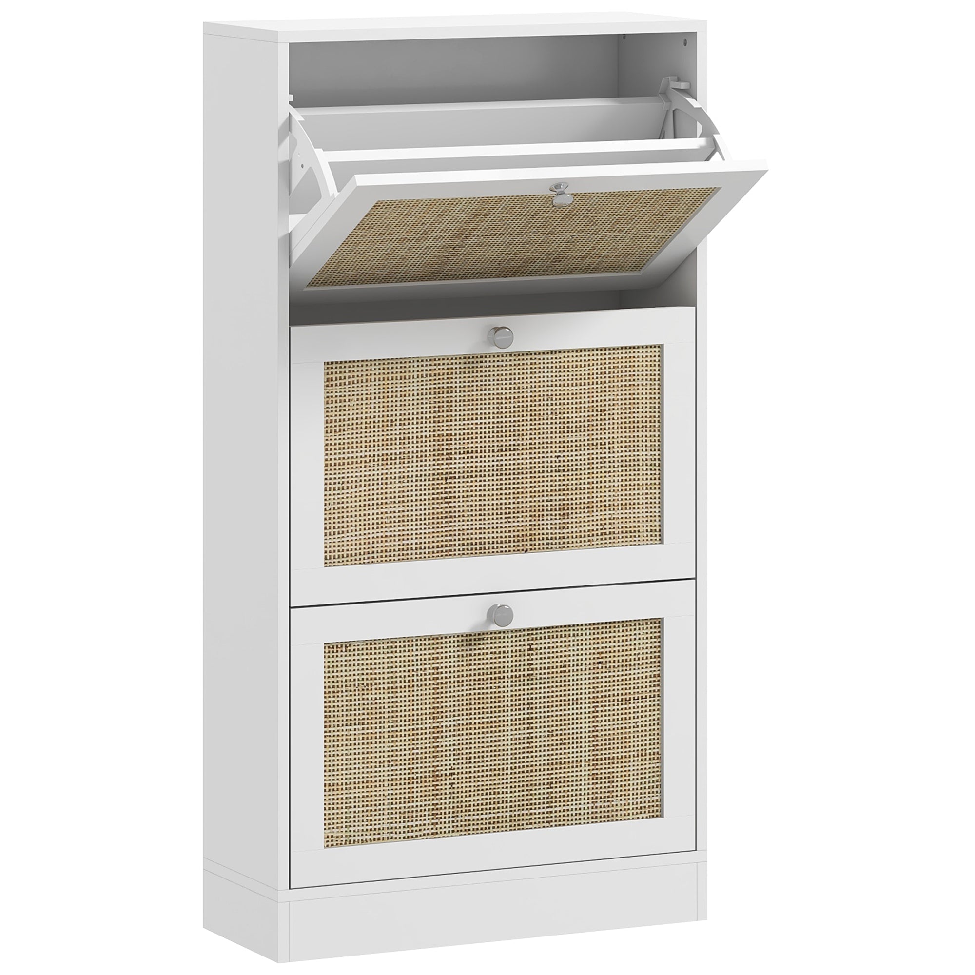 HOMCOM Boho Rattan Shoe Cabinet with 3 Flip Drawers and Adjustable Shelves, Narrow Shoe Storage Cabinet, Holds 18 Pairs for Entryway, Hallway, White