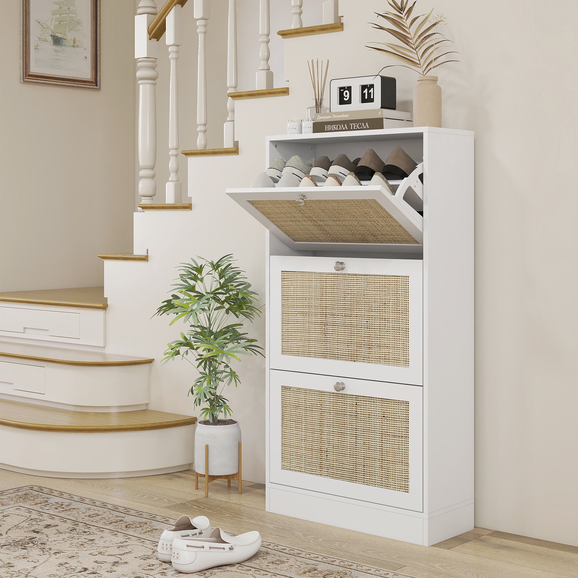 HOMCOM Boho Rattan Shoe Cabinet with 3 Flip Drawers and Adjustable Shelves, Narrow Shoe Storage Cabinet, Holds 18 Pairs for Entryway, Hallway, White