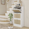 HOMCOM Boho Rattan Shoe Cabinet with 3 Flip Drawers and Adjustable Shelves, Narrow Shoe Storage Cabinet, Holds 18 Pairs for Entryway, Hallway, White