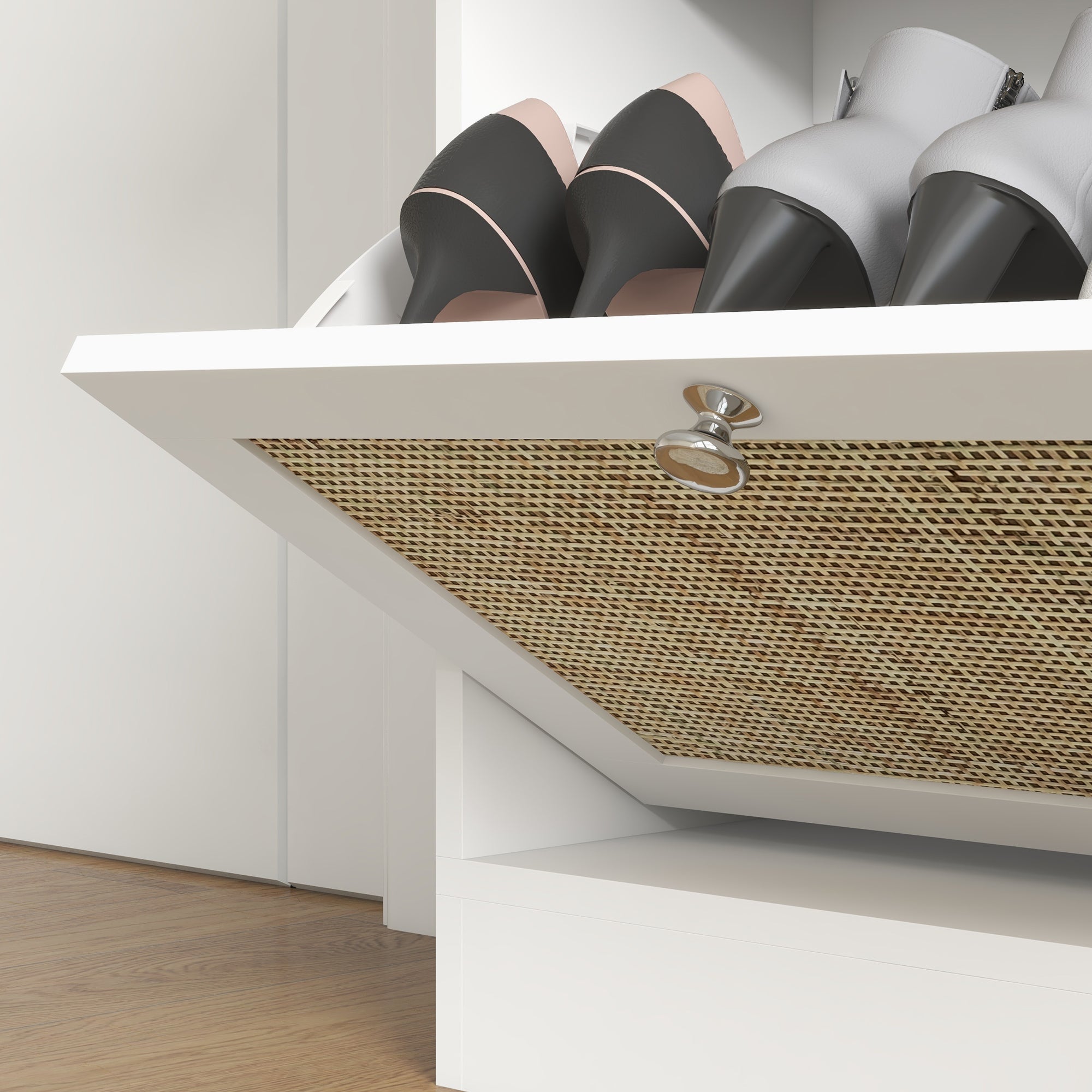HOMCOM Boho Rattan Shoe Cabinet with 3 Flip Drawers and Adjustable Shelves, Narrow Shoe Storage Cabinet, Holds 18 Pairs for Entryway, Hallway, White