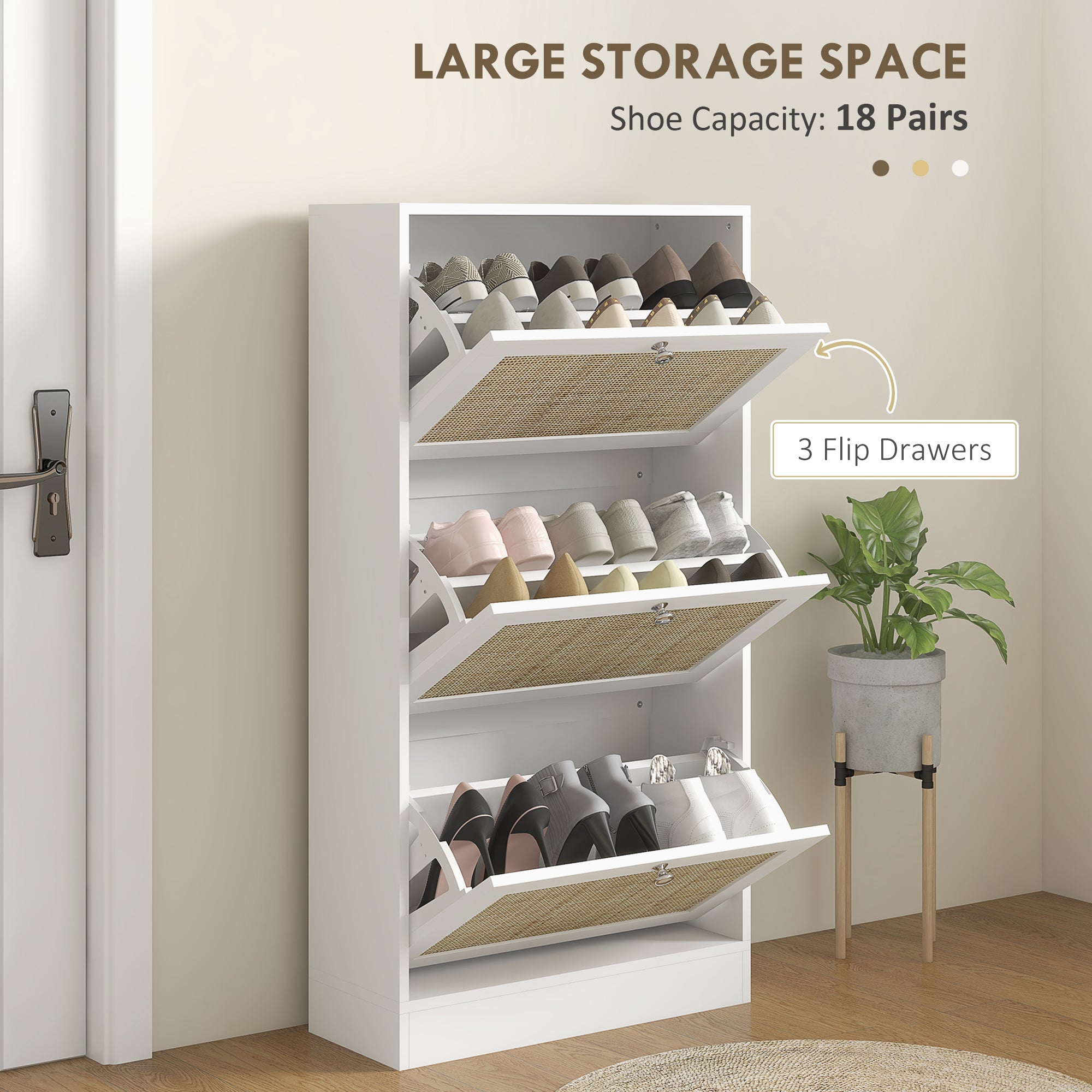 HOMCOM Boho Rattan Shoe Cabinet with 3 Flip Drawers and Adjustable Shelves, Narrow Shoe Storage Cabinet, Holds 18 Pairs for Entryway, Hallway, White