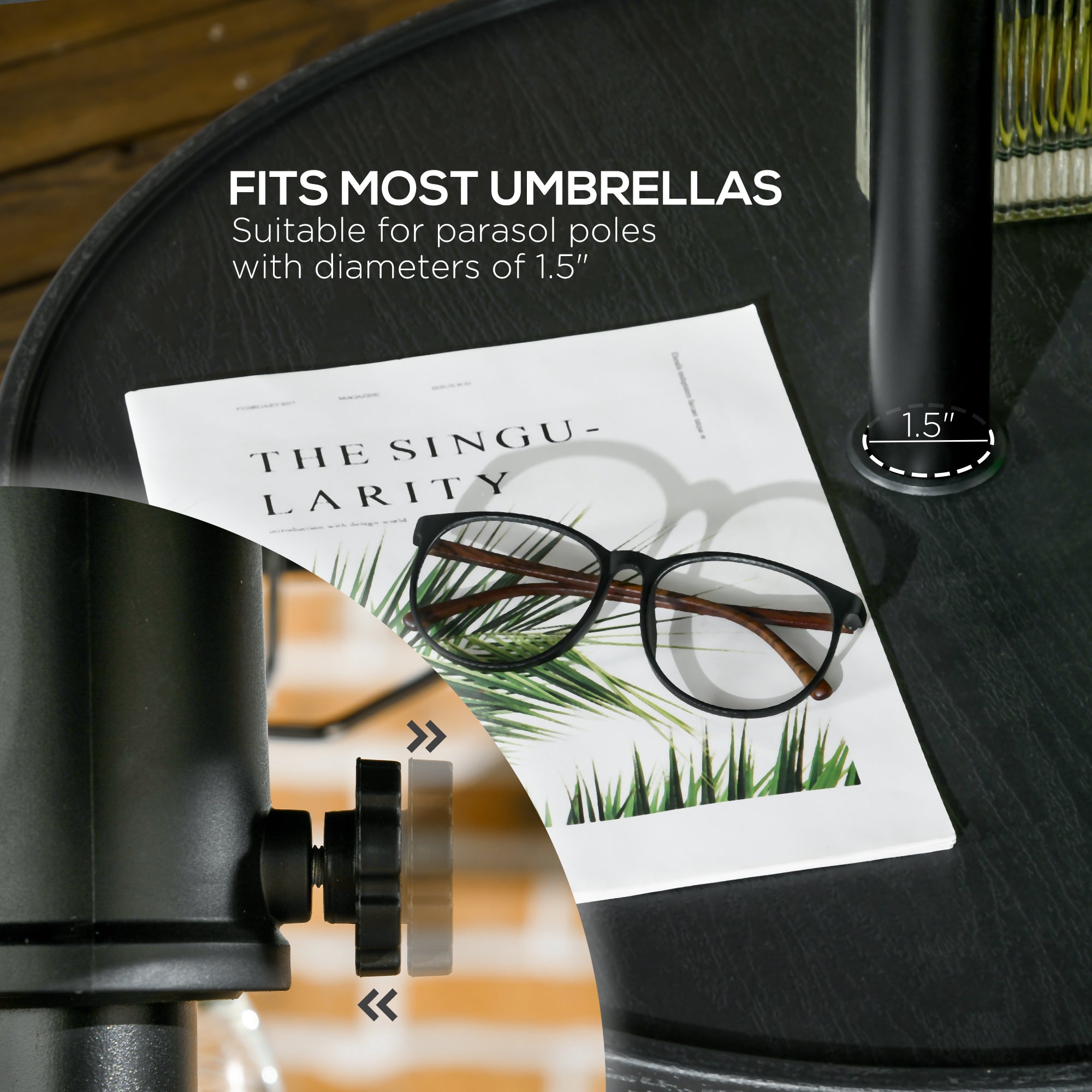 Outsunny 23.6" Beach Umbrella Table Tray with Wine Glass Holder, Foldable Towel Rack, Instant Portable Beach Table for Sand, Swimming Pools, Patio, Garden, Deck, Black