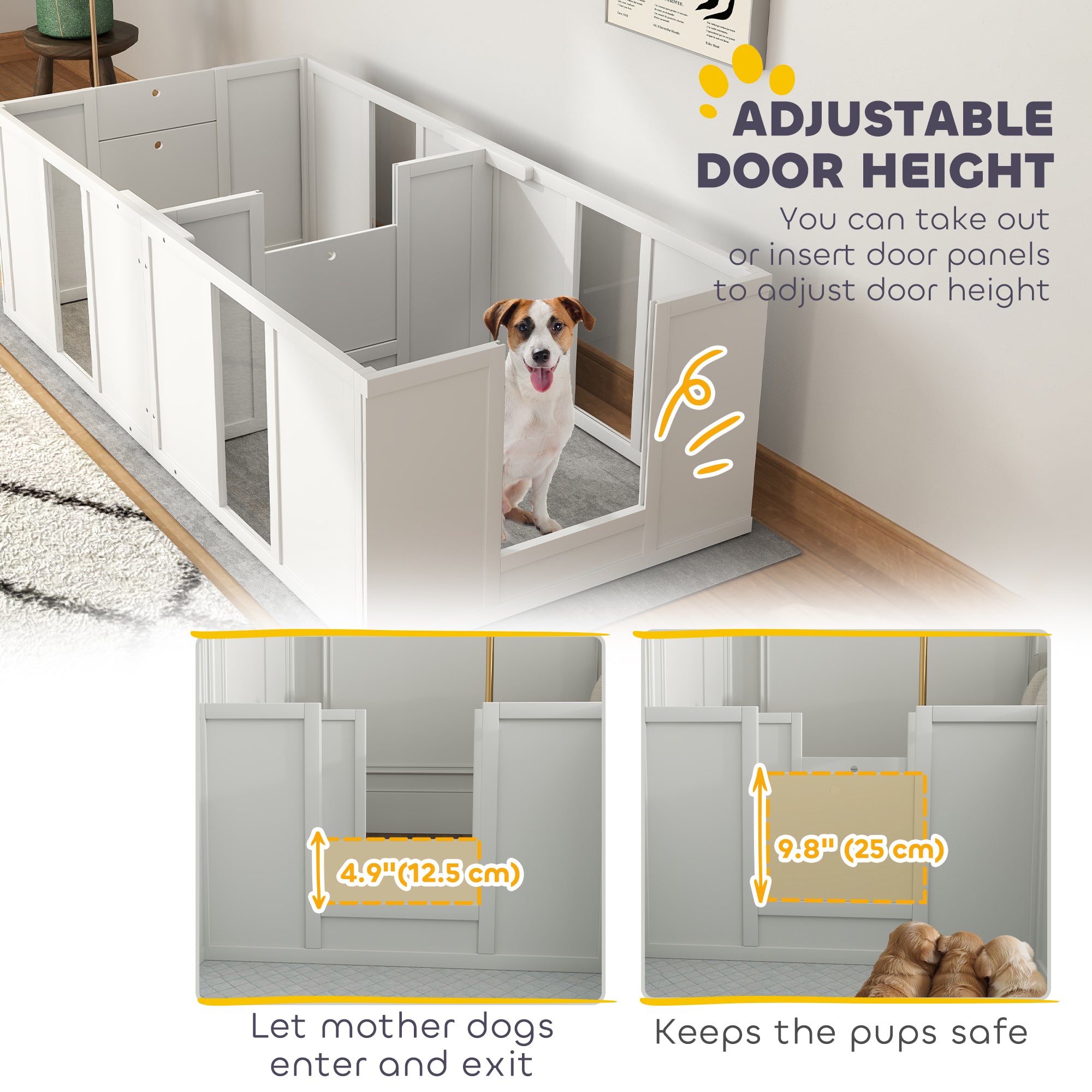 PawHut Whelping Box for Dogs and Puppies, Dog Whelping Pen, Dog Birth Supplies Indoor with Removable Adjustable Height Doors, for Small Sized Dogs, 65" x 31.5" x 19"