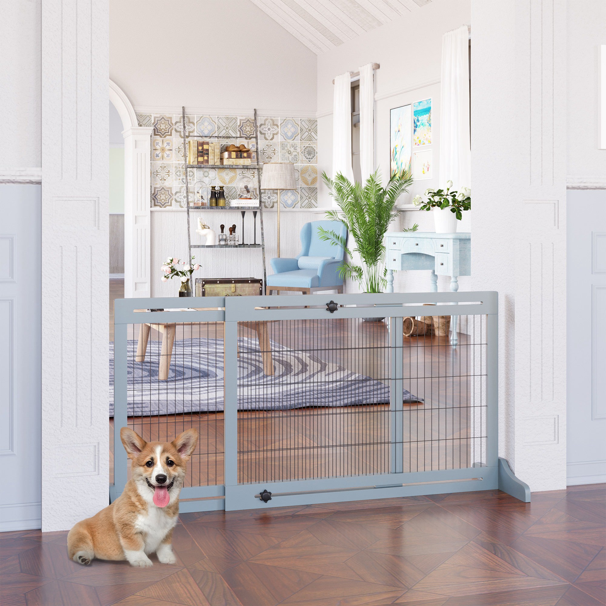 PawHut Freestanding Dog Gate, Foldable Pet Fence, Indoor Wood Barrier, Stair Gate with Support Feet, for Doorway, Hallway, Small and Medium Dogs, 69H x 104-183 cm, Blue-grey