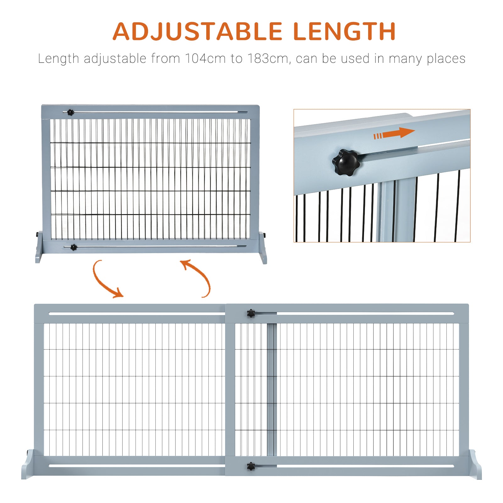 PawHut Freestanding Dog Gate, Foldable Pet Fence, Indoor Wood Barrier, Stair Gate with Support Feet, for Doorway, Hallway, Small and Medium Dogs, 69H x 104-183 cm, Blue-grey
