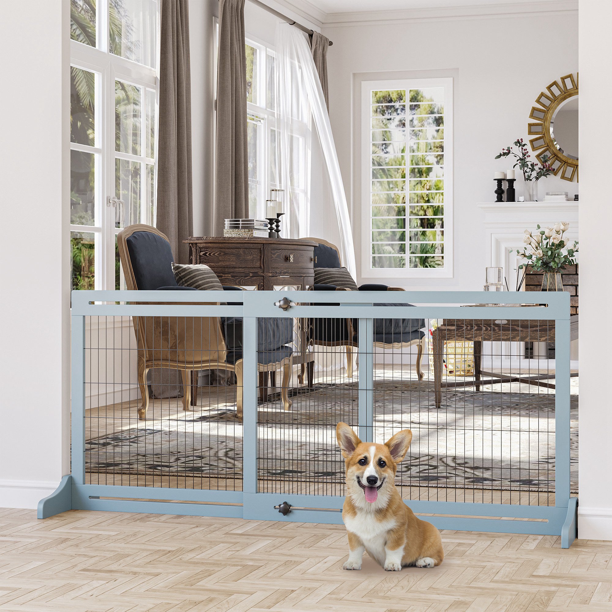 PawHut Free Standing Pet Gate, Wooden Foldable Dog Gate with 41"-72" Adjustable Length, Support Feet, Pet Barrier for Small Medium Dogs, for Stairway, Doorway, Hallway, Grey