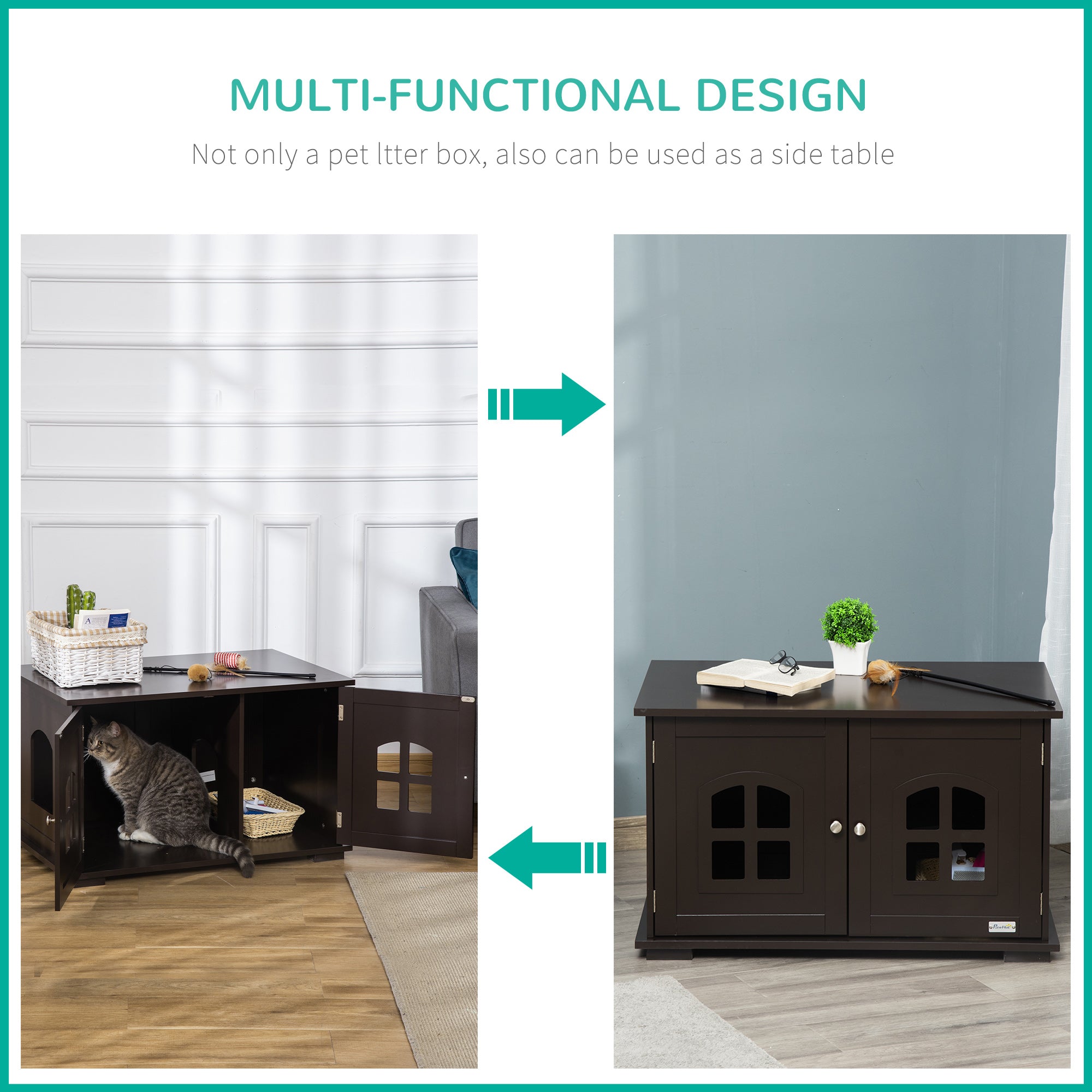 PawHut Cat Litter Box Enclosure Hidden Cat Furniture Cabinet Indoor Cat Washroom Double-door Nightstand End Table with Cat Hole Window Coffee