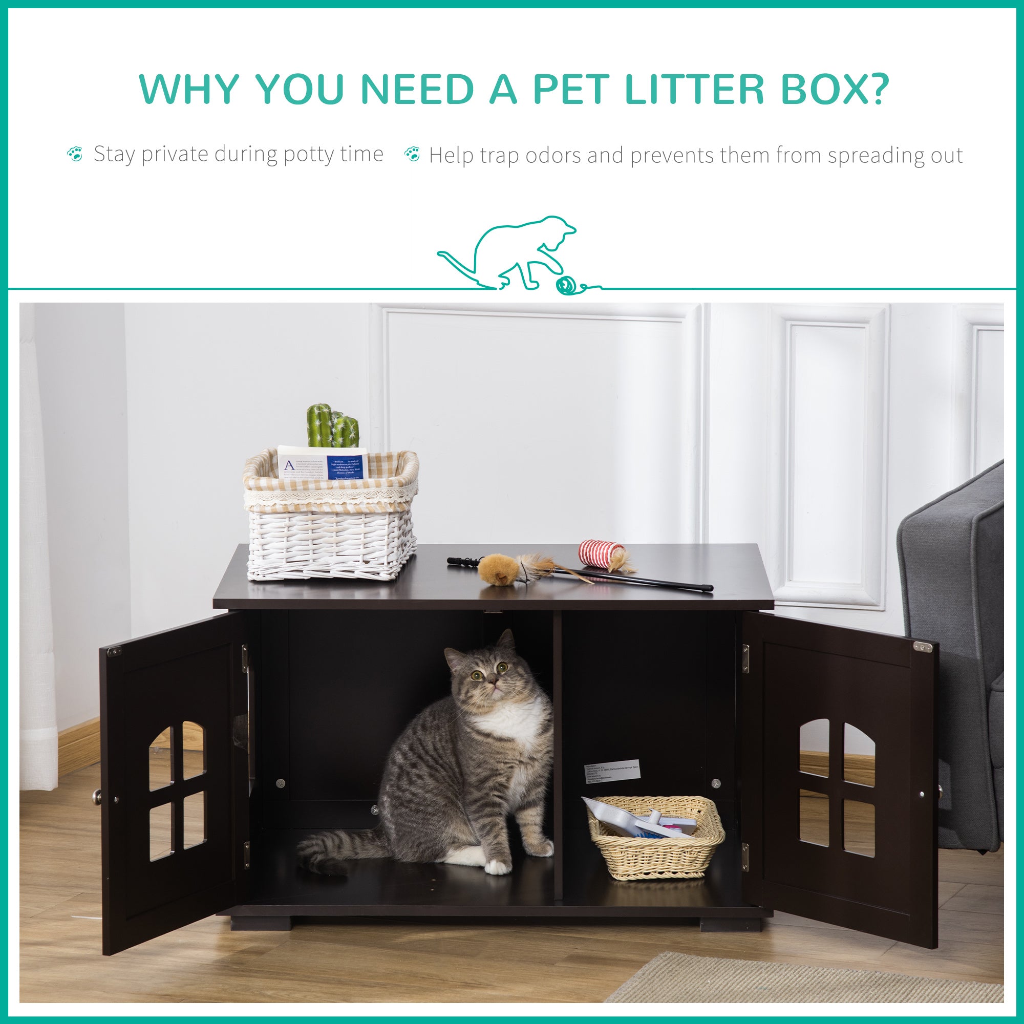 PawHut Cat Litter Box Enclosure Hidden Cat Furniture Cabinet Indoor Cat Washroom Double-door Nightstand End Table with Cat Hole Window Coffee
