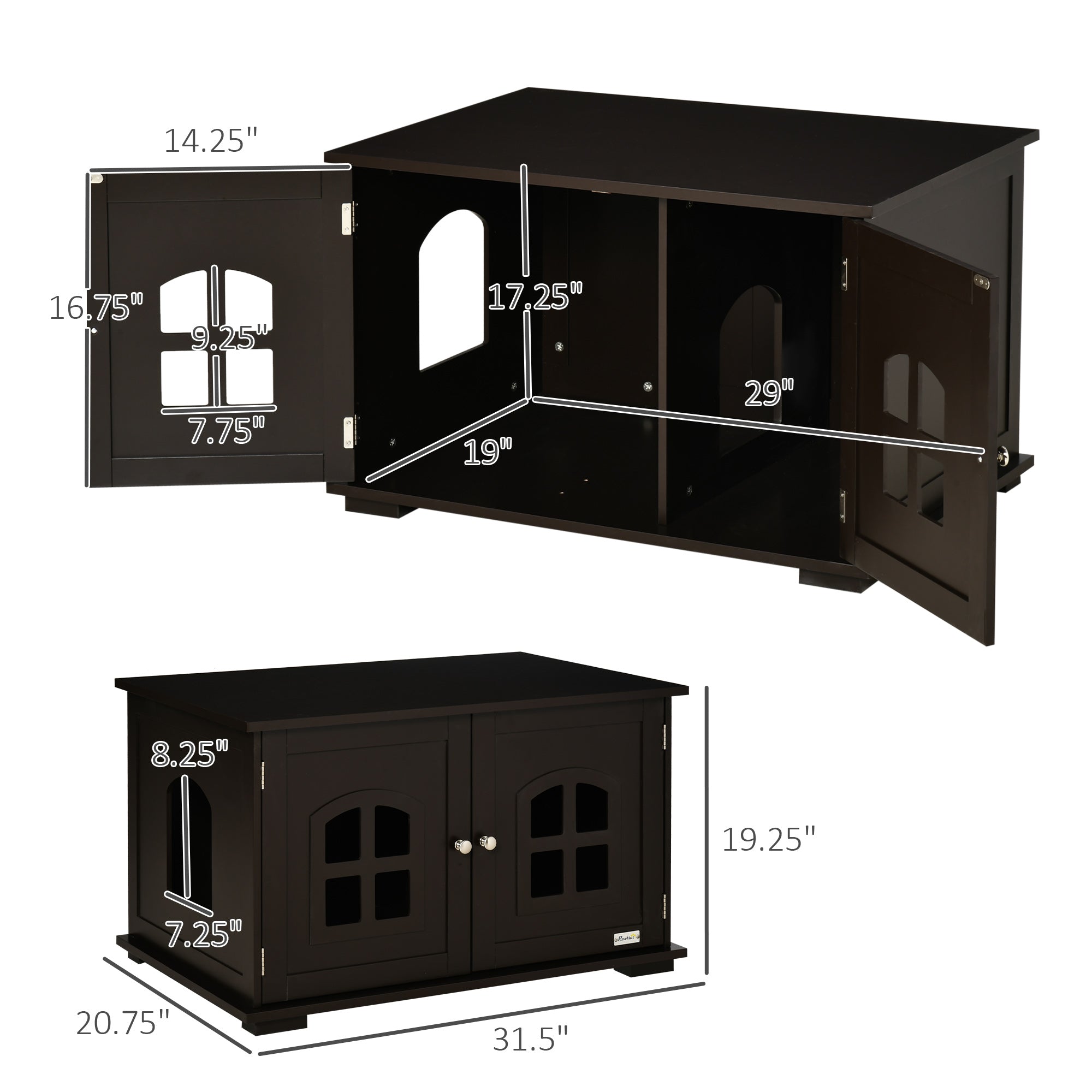 PawHut Cat Litter Box Enclosure Hidden Cat Furniture Cabinet Indoor Cat Washroom Double-door Nightstand End Table with Cat Hole Window Coffee