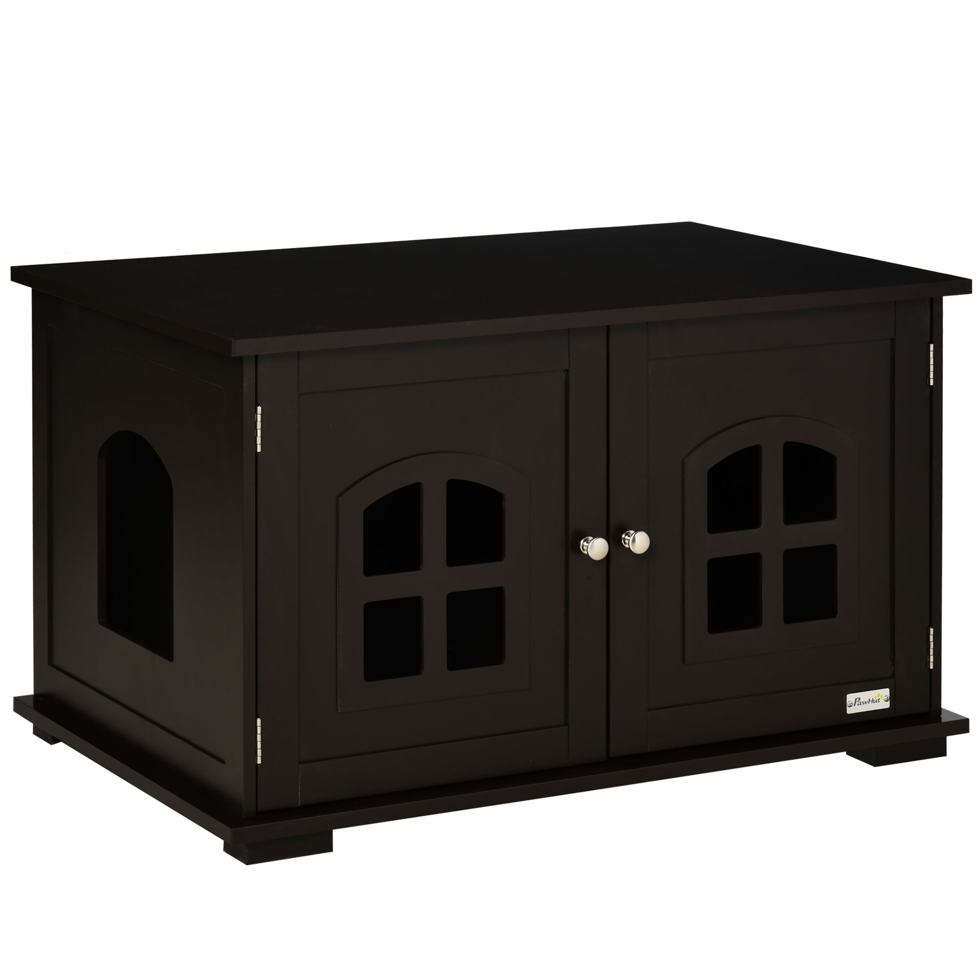 PawHut Cat Litter Box Enclosure Hidden Cat Furniture Cabinet Indoor Cat Washroom Double-door Nightstand End Table with Cat Hole Window Coffee