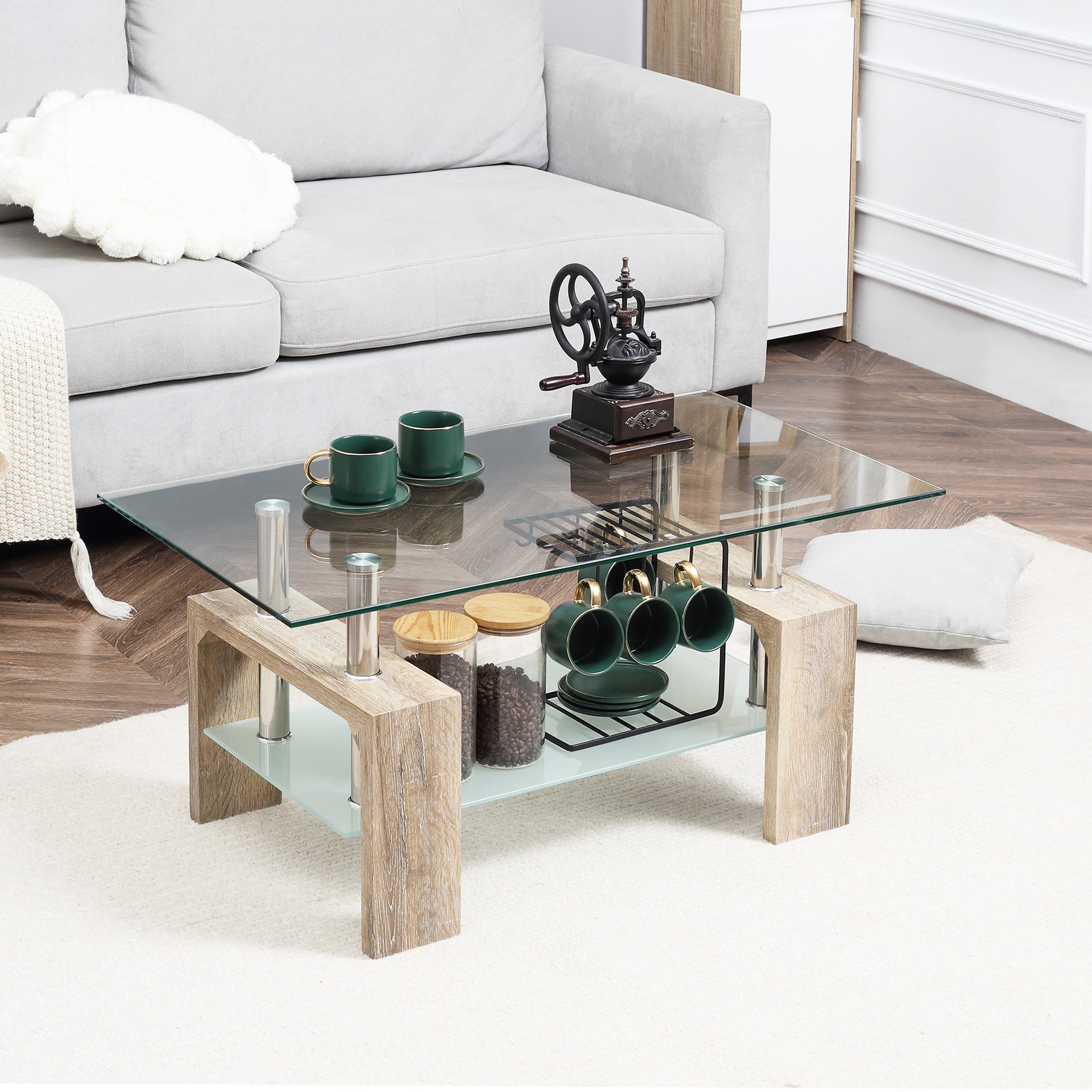 HOMCOM Rectangle Glass Coffee Table, 2-Tier Center Table with Tempered Glass Top and Storage Shelf for Living Room, Natural
