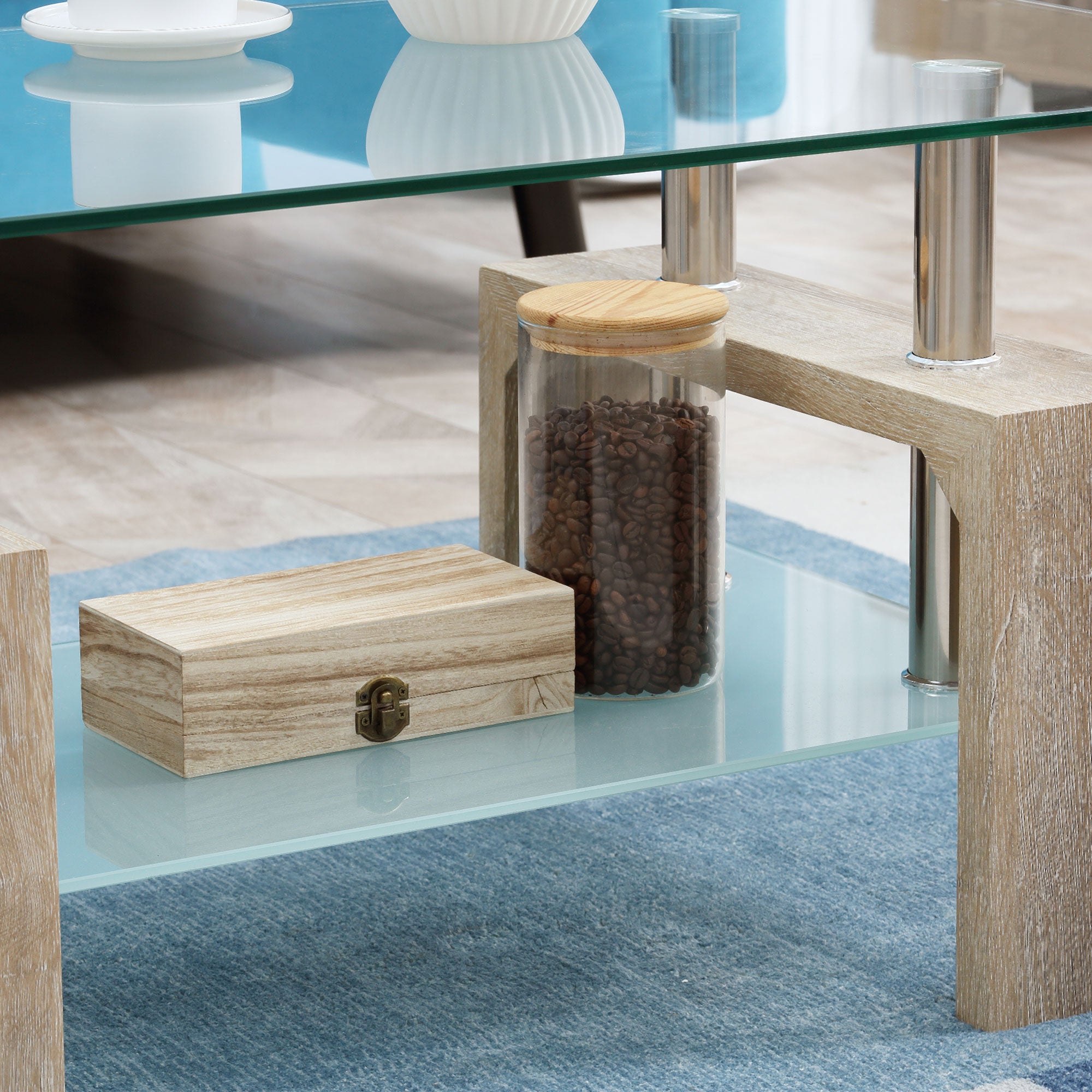 HOMCOM Rectangle Glass Coffee Table, 2-Tier Center Table with Tempered Glass Top and Storage Shelf for Living Room, Natural