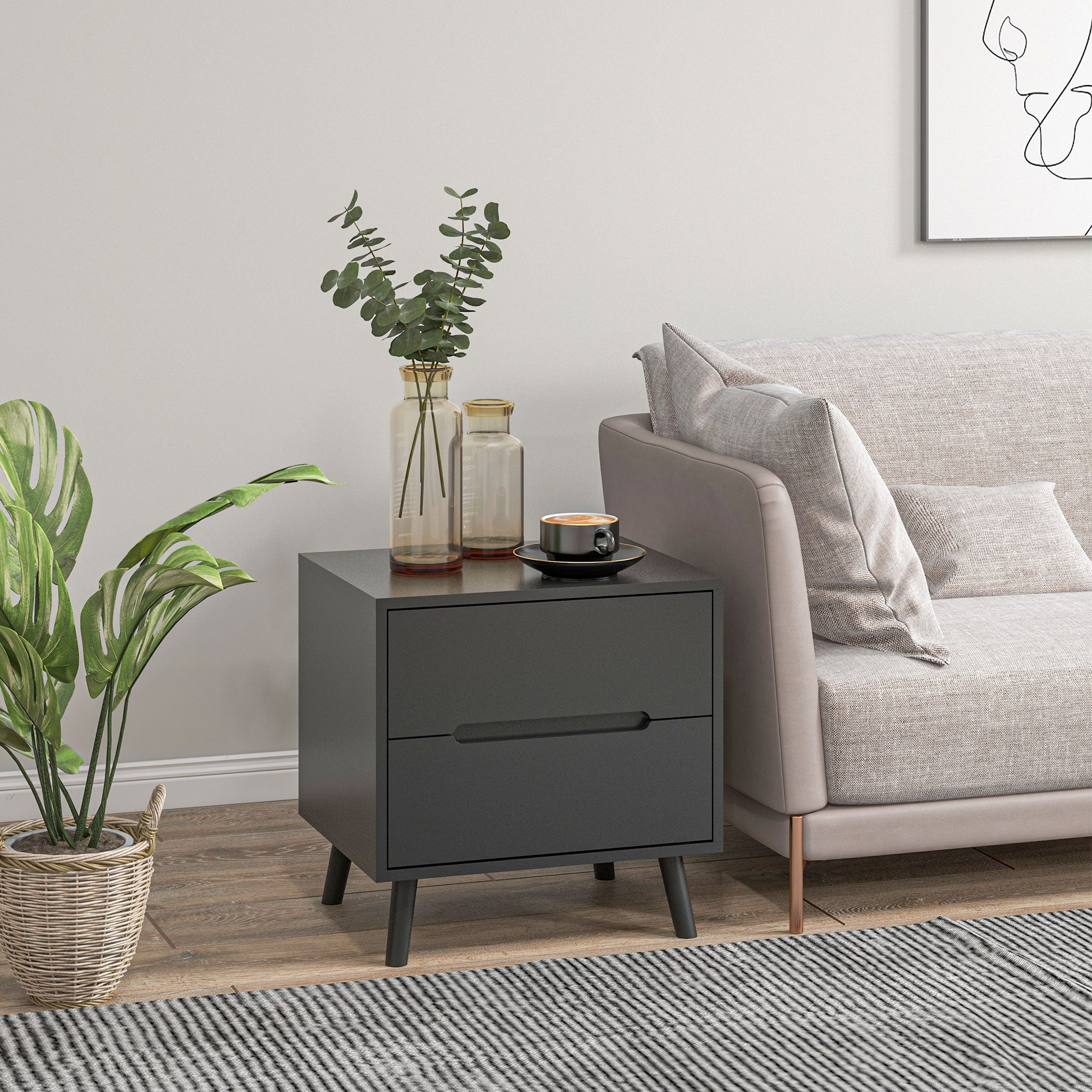 HOMCOM Modern Bedside Table, Nightstand with 2 Drawers, Side End Table with Solid Wood Legs for Bedroom, Black