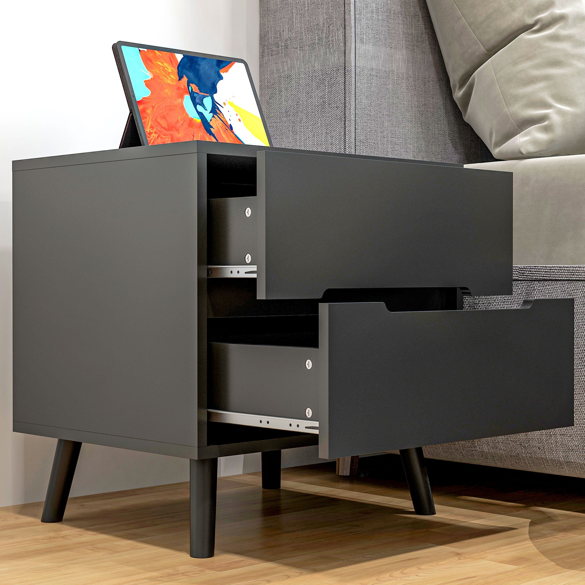HOMCOM Modern Bedside Table, Nightstand with 2 Drawers, Side End Table with Solid Wood Legs for Bedroom, Black